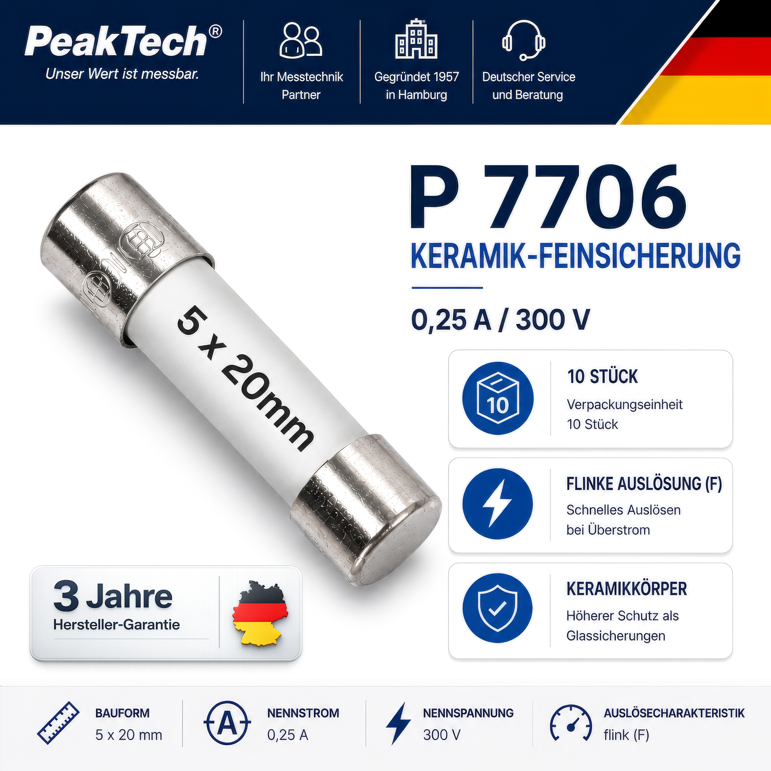 «PeakTech® P 7706» Feinsicherung ~ 0,25 A / 300 V ~ 5 x 20 mm ~ flink (F)