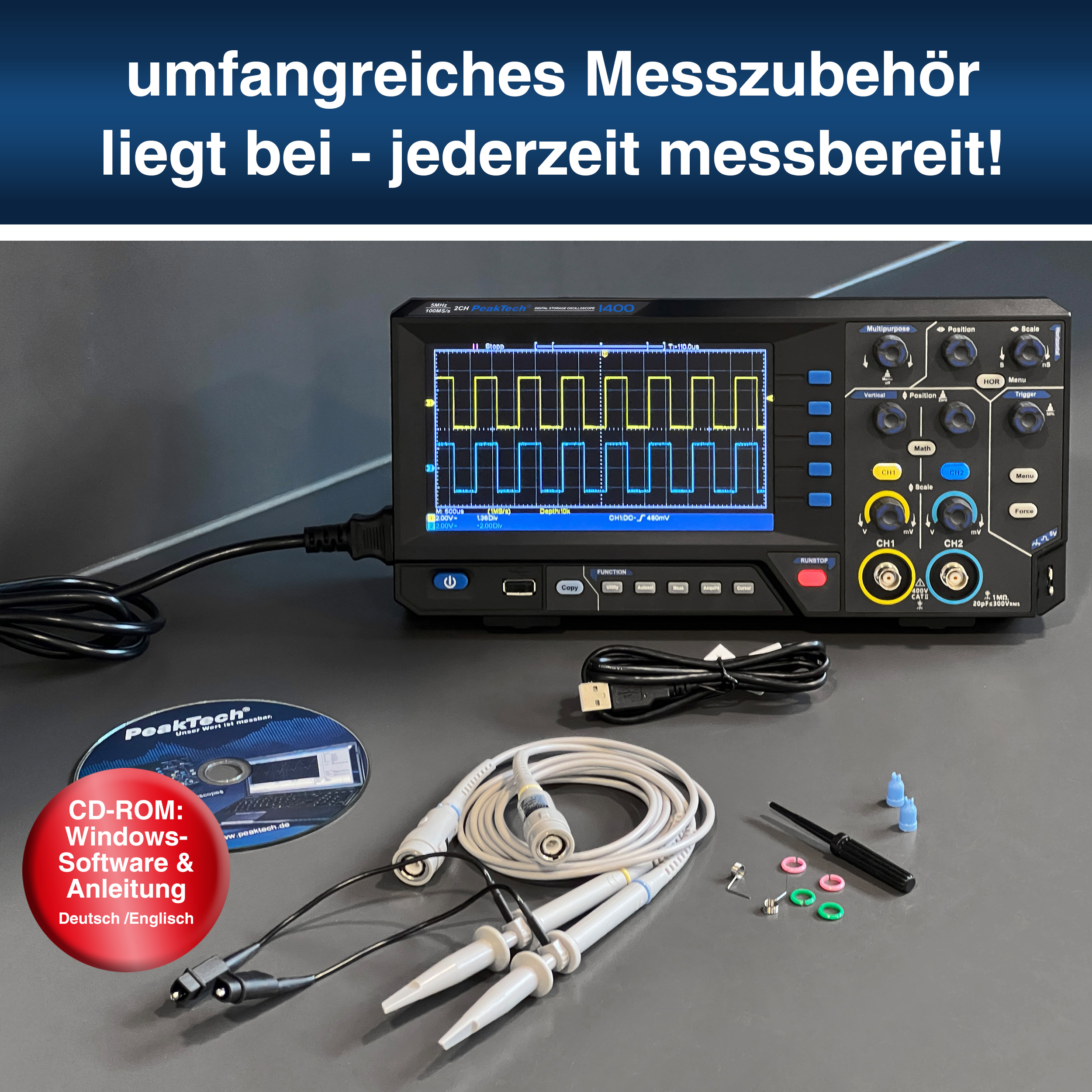 «PeakTech® P 1402» 20 MHz / 2CH, 250MS/s Digital storage oscilloscope