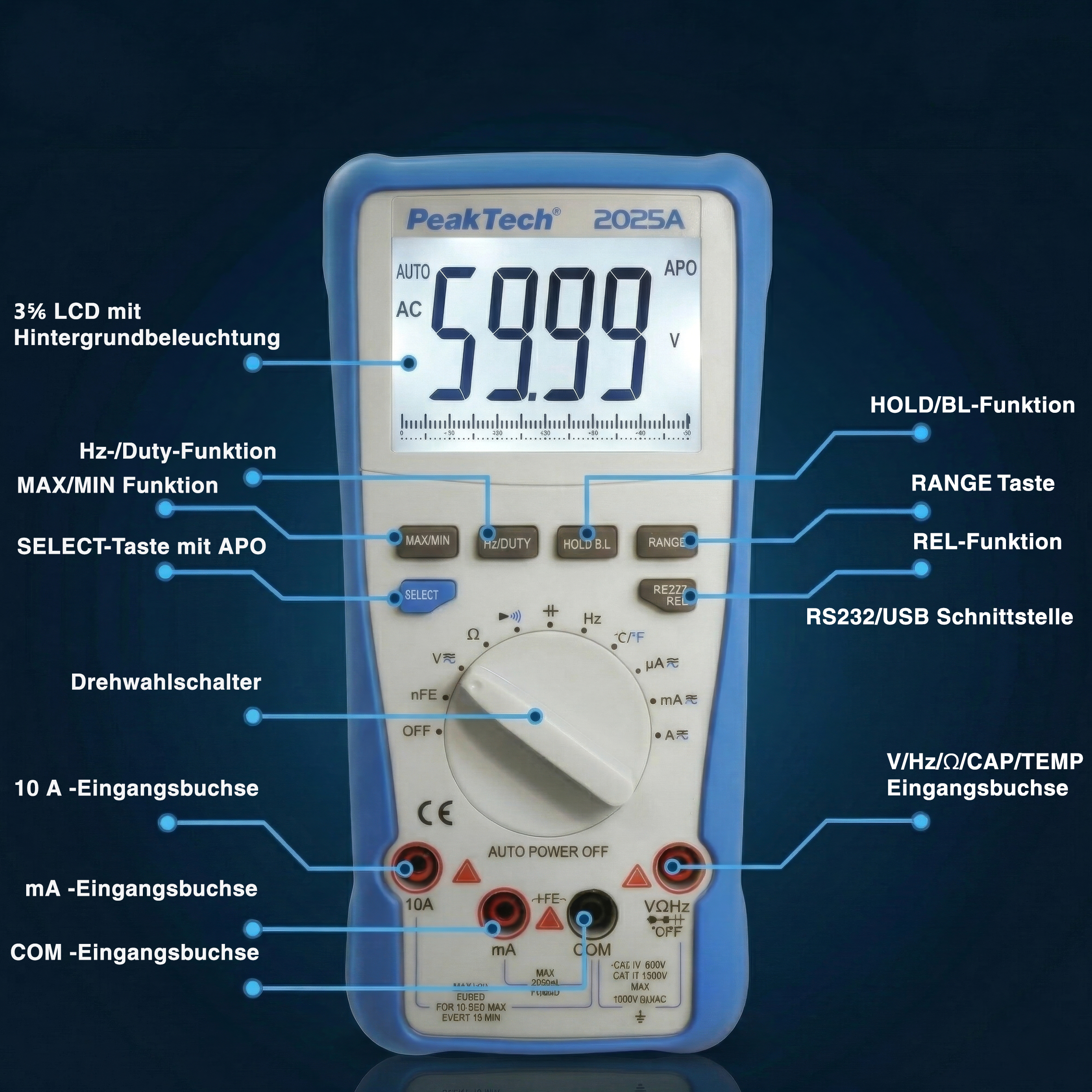 «PeakTech® P 2025 A» True RMS digital multimeter ~ 6.000 Counts ~ 1000V AC/DC ~ 10A AC/DC ~ USB