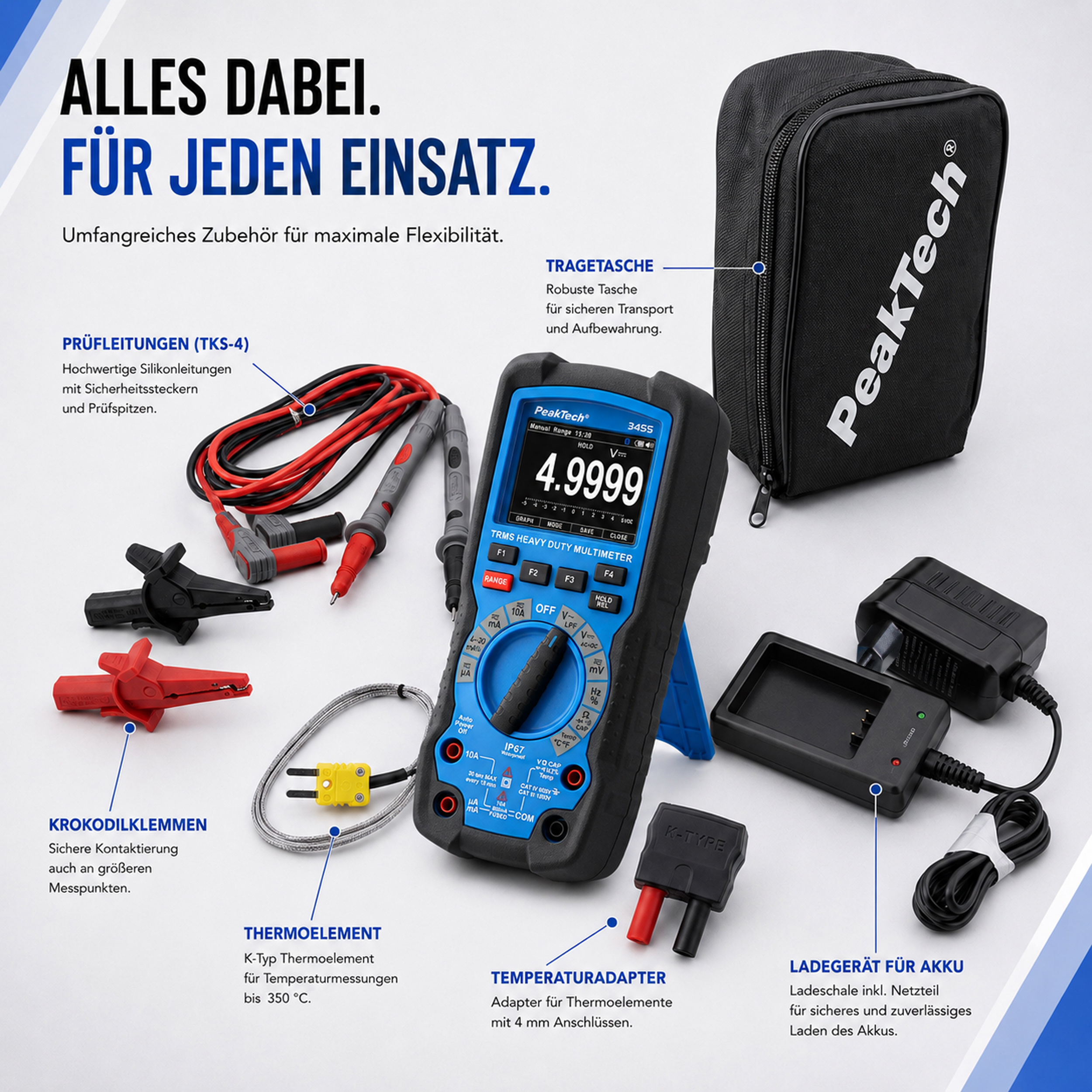 «PeakTech® P 3455»  Multimètre graphique haute performance ~ 50 000 points TFT ~ 1 000 V AC/DC avec True RMS, IP67, Bluetooth