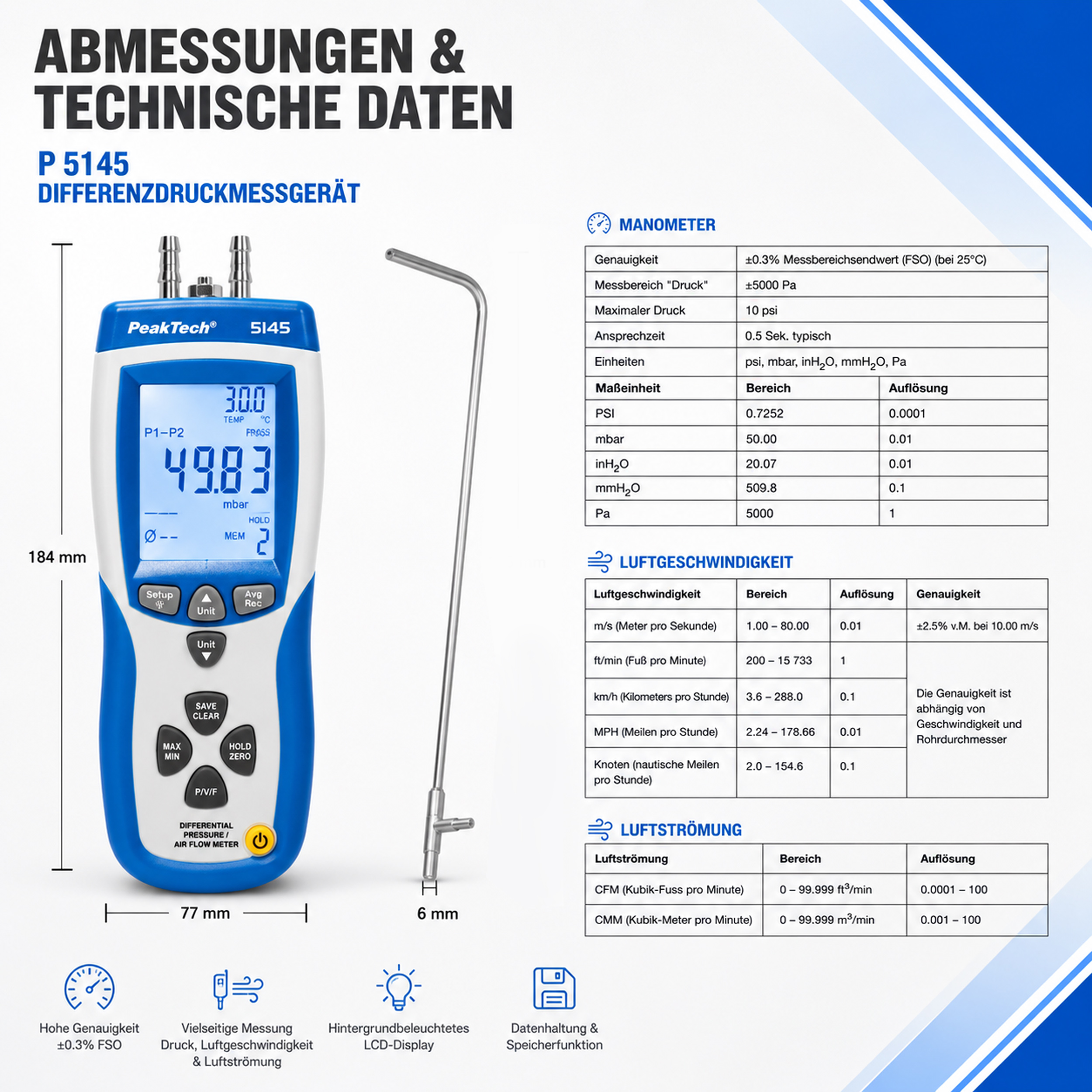 «PeakTech® P 5145» Professional Pressure-Difference & Air Flow Meter