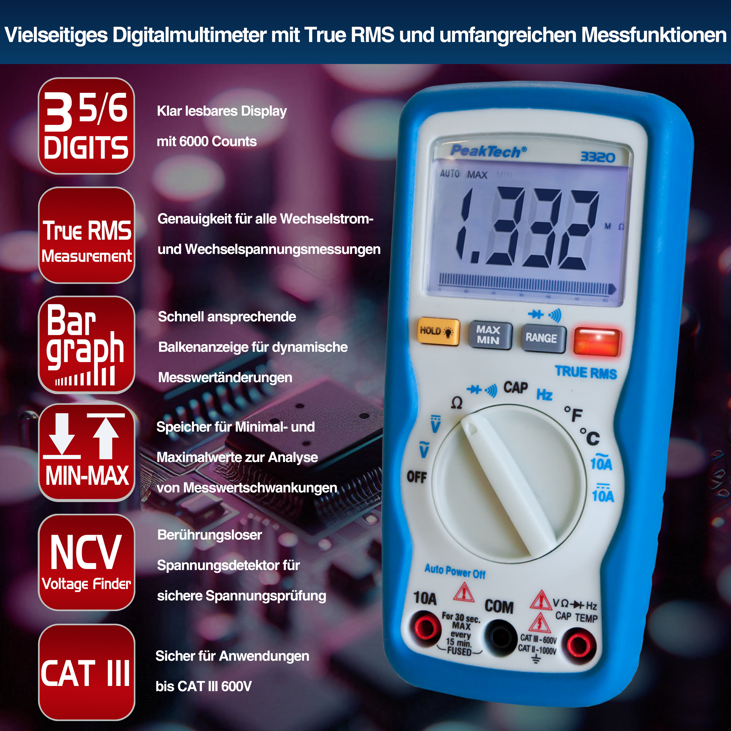 «PeakTech® P 3320» Digital multimeter, 6,000 counts, TrueRMS