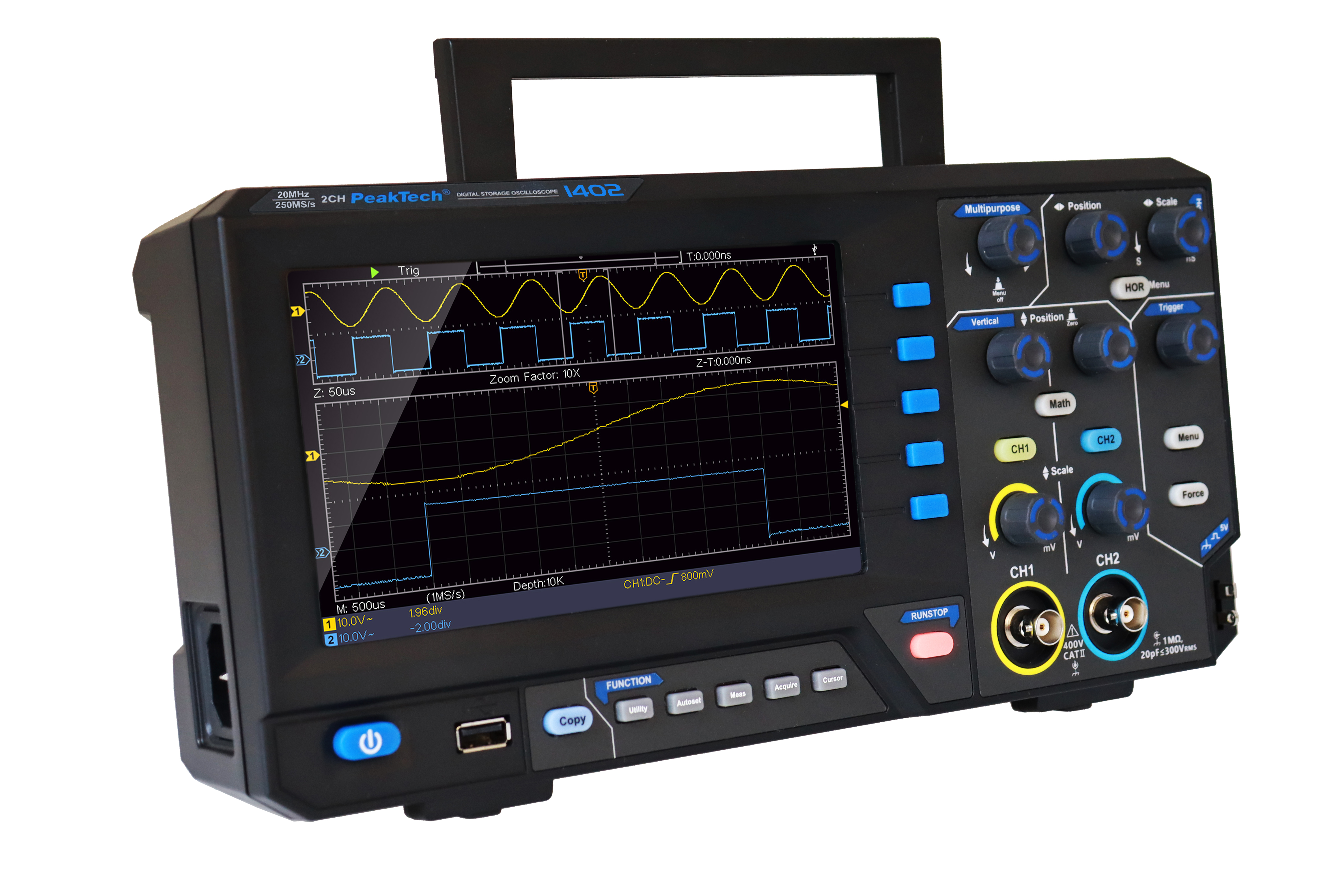 «PeakTech® P 1402» 20 MHz / 2CH, 250MS/s Digital storage oscilloscope