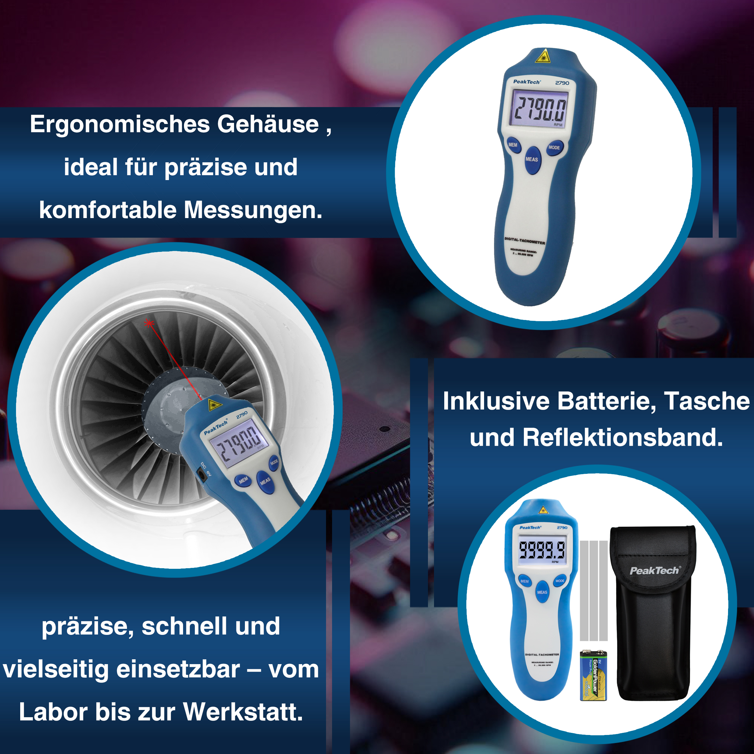 «PeakTech® P 2790» Drehzahlmessgerät, 5-stellig 1 ... 99.999 rpm