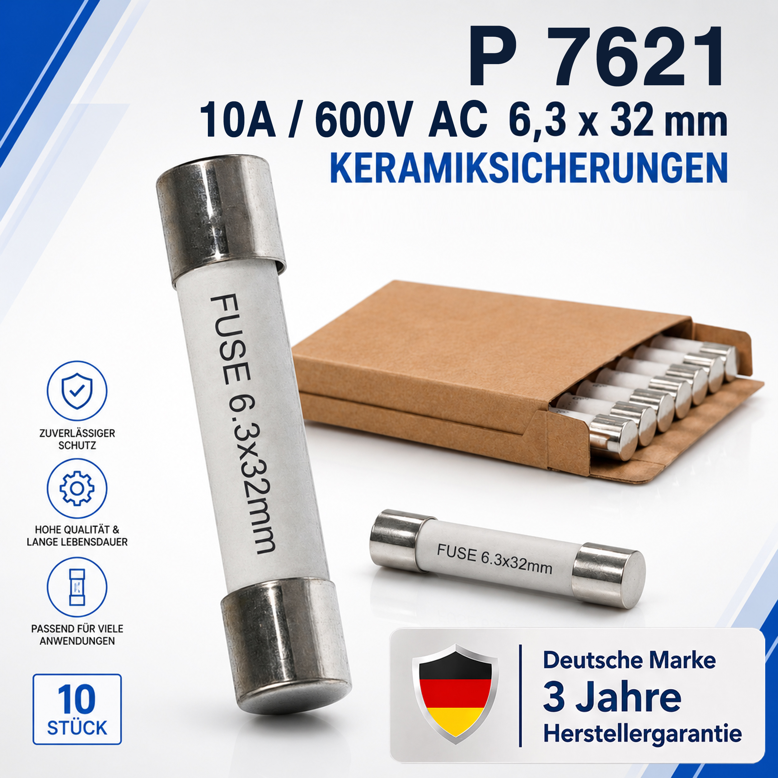 "PeakTech® P 7621" Microfusible ~ 10 A / 600 V ~ 6,3 x 32 mm ~ super rápido (FF)
