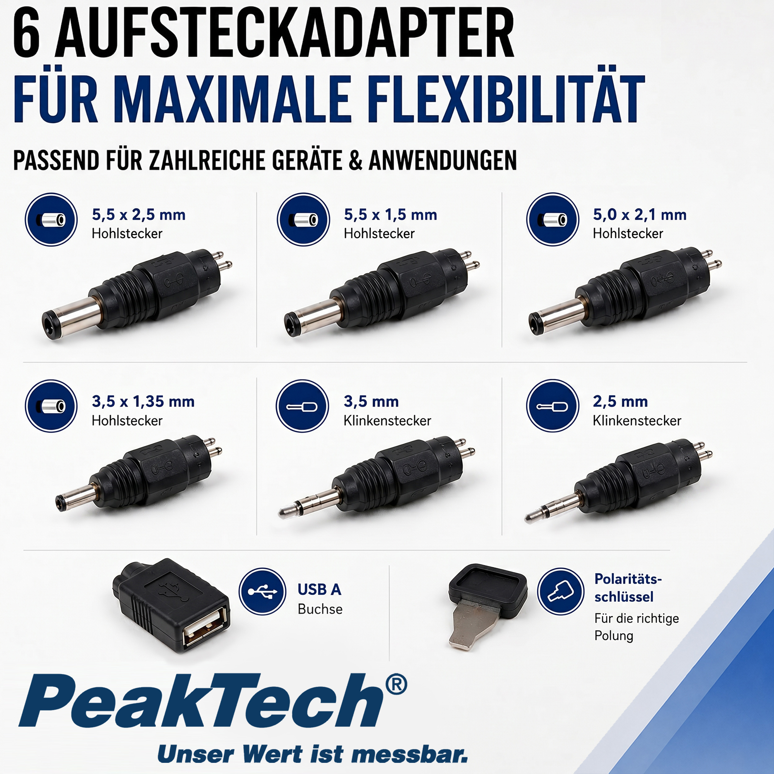 «PeakTech® P 3127 B» Universal-Steckernetzgerät 3 ... 12V DC, 1500mA