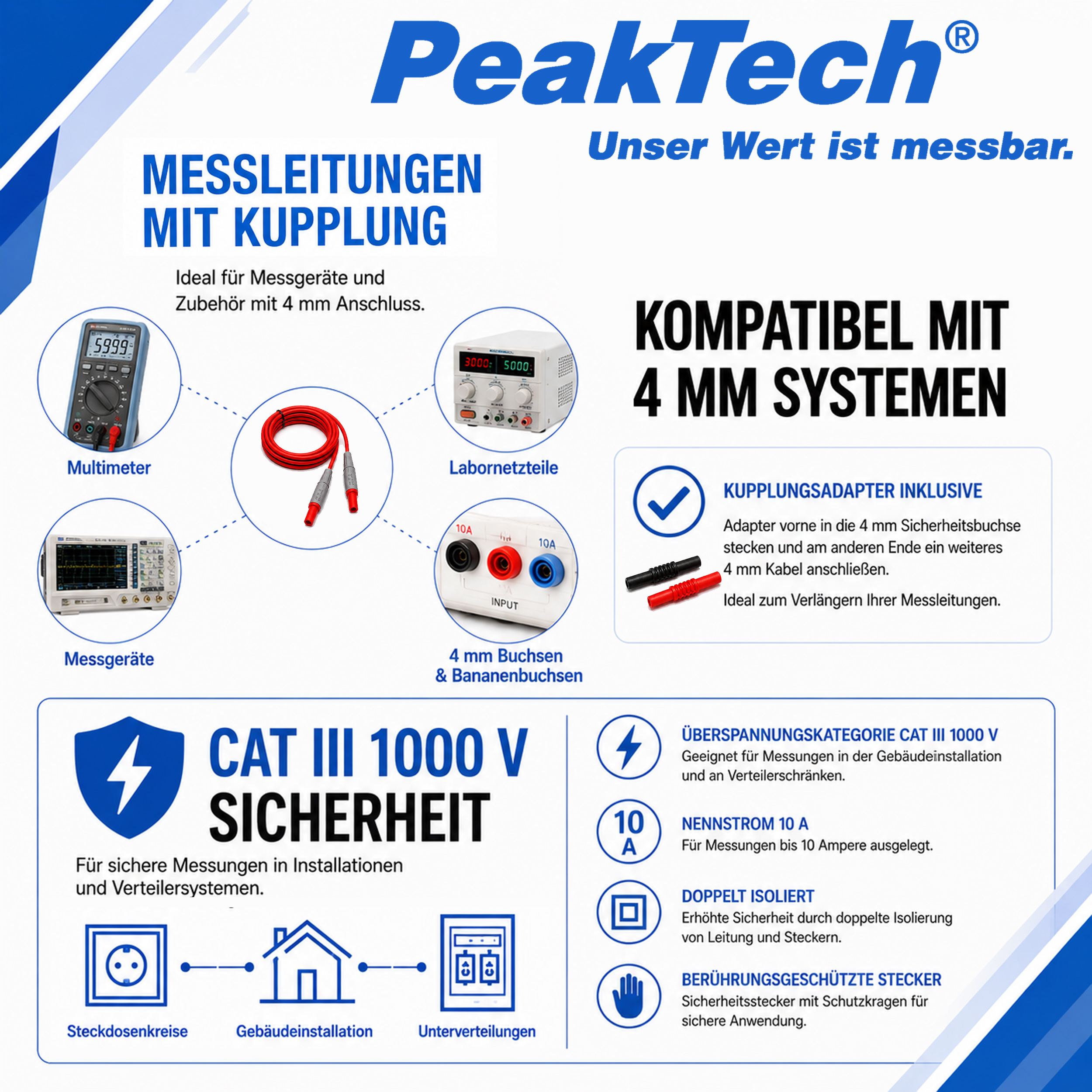 «PeakTech® P 7005» Test Leads for Digital Multimeter with extension