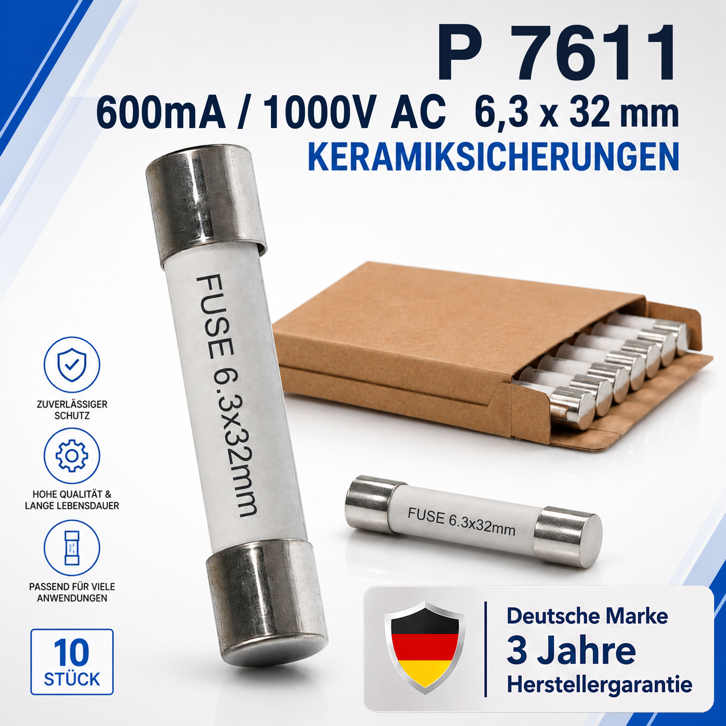 "PeakTech® P 7611" Microfusible ~ 0,6 A / 1000 V ~ 6,3 x 32 mm ~ superrápido (FF)