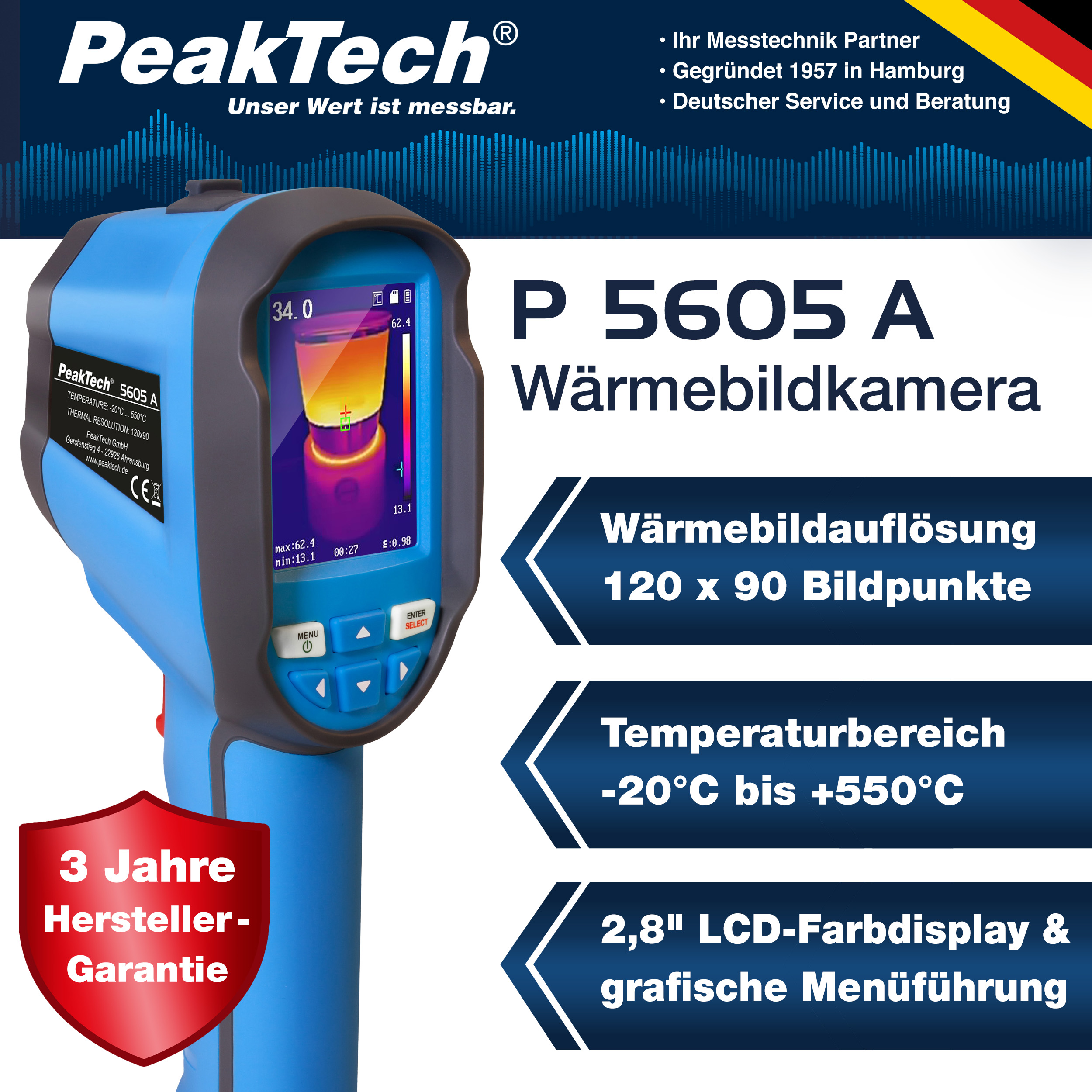«PeakTech® P 5605 A» Termocamera 120x90px. -20°C ... +550°C con foto e video