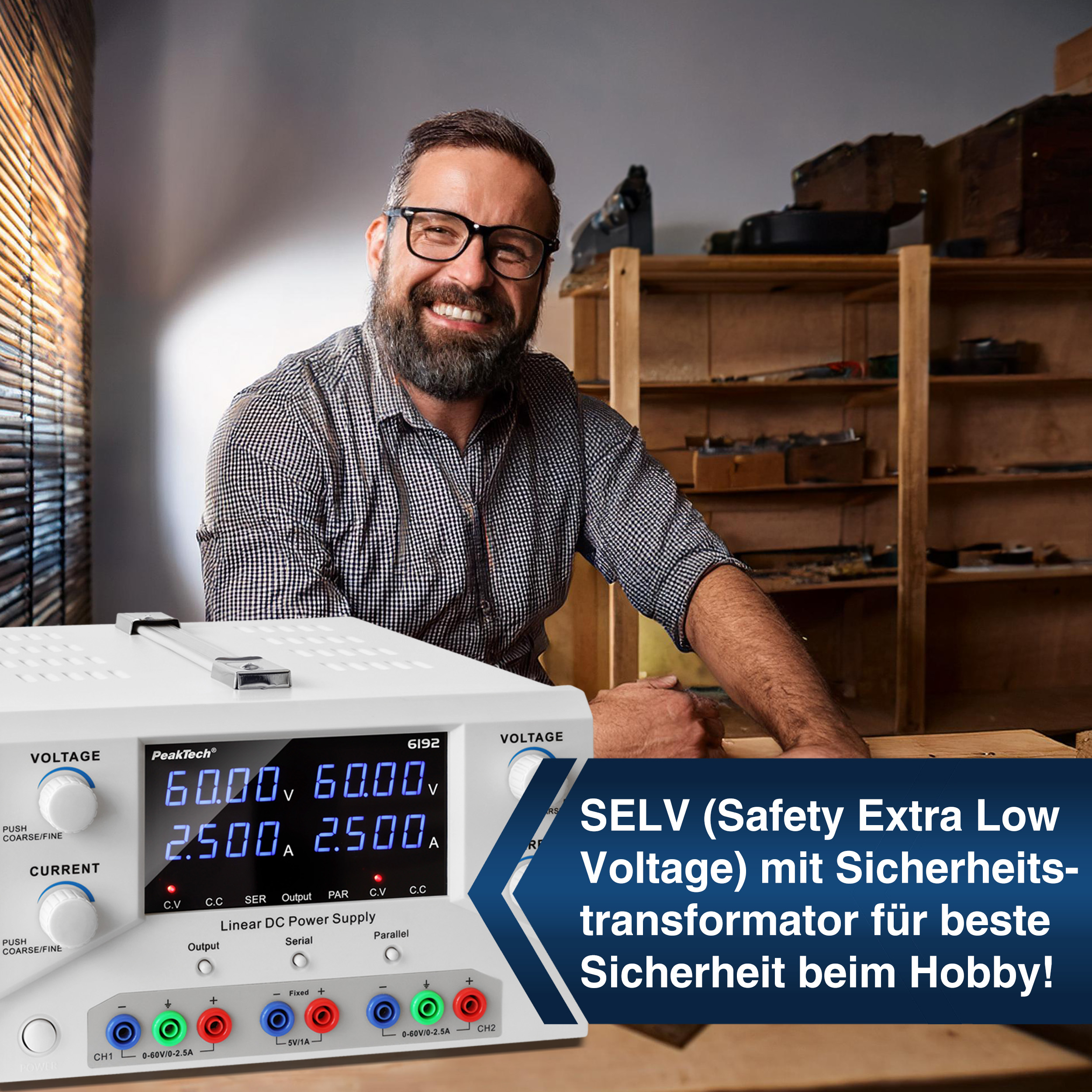 «PeakTech® P 6192» Digital Labornetzgerät 2x 0-60 V / 0-2,5 A DC & USB