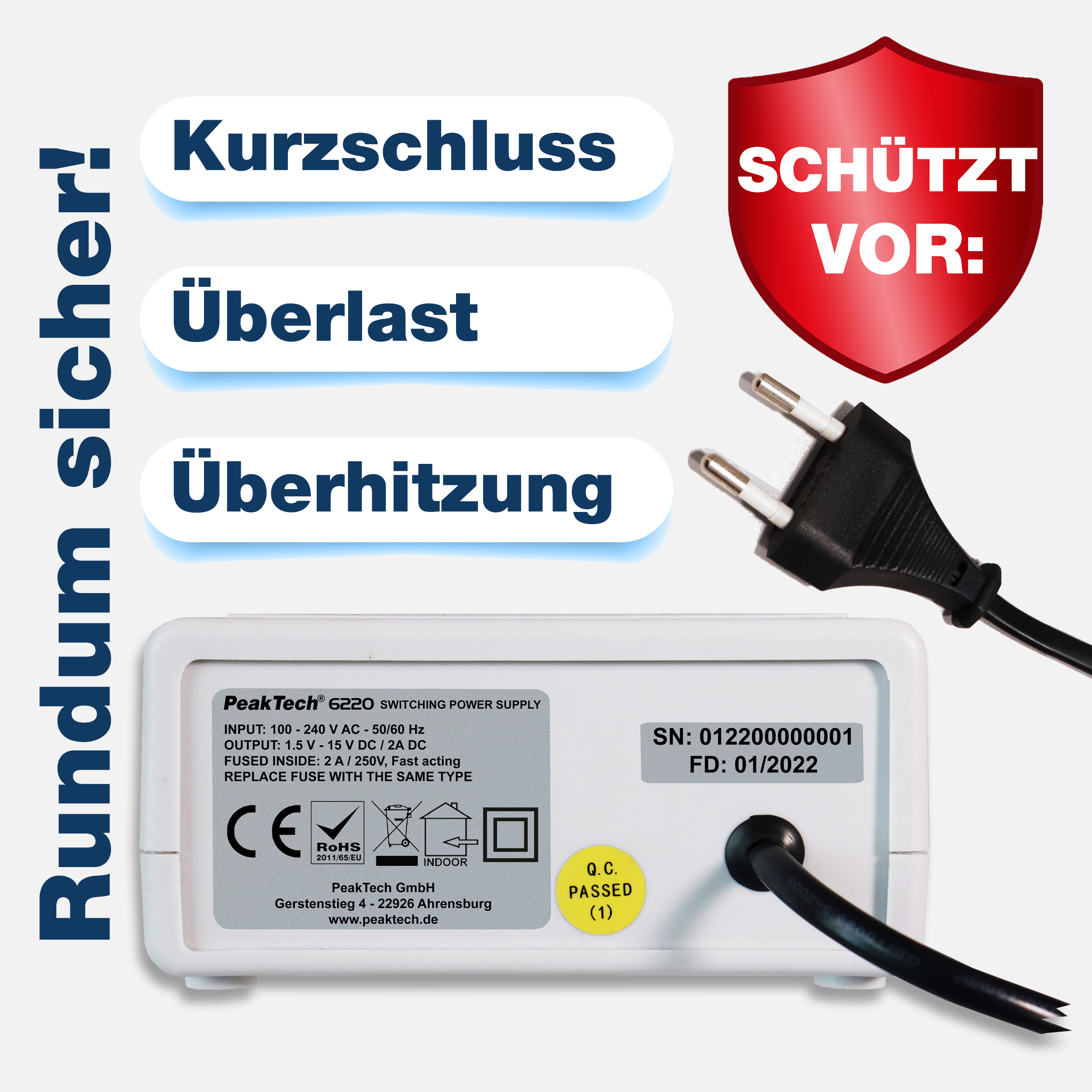 «PeakTech® P 6220» Mini power supply, 1,5 - 15 V / 2 A DC