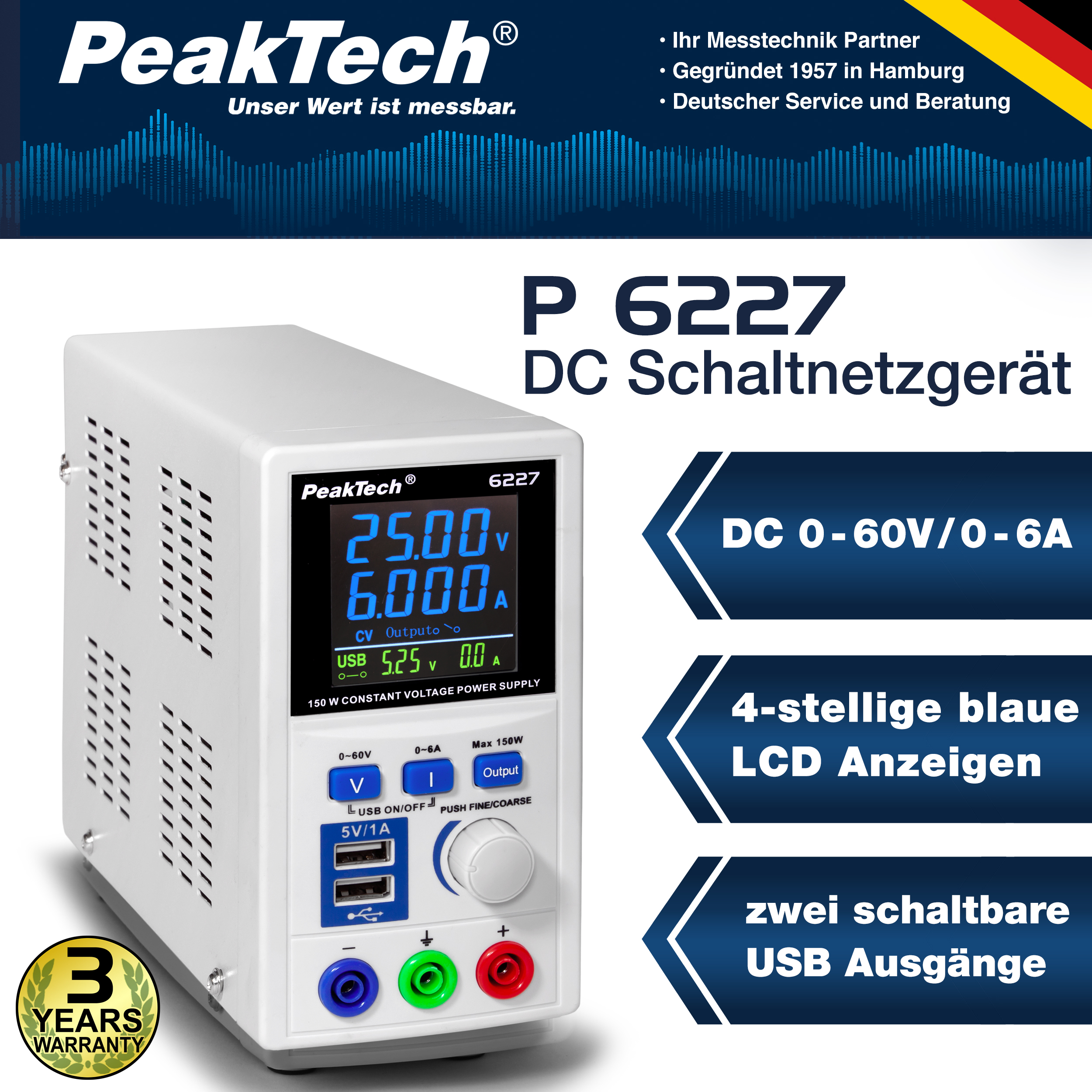 «PeakTech® P 6227» Switching Mode Power Supply 0 - 60 V / 0 - 6 A DC