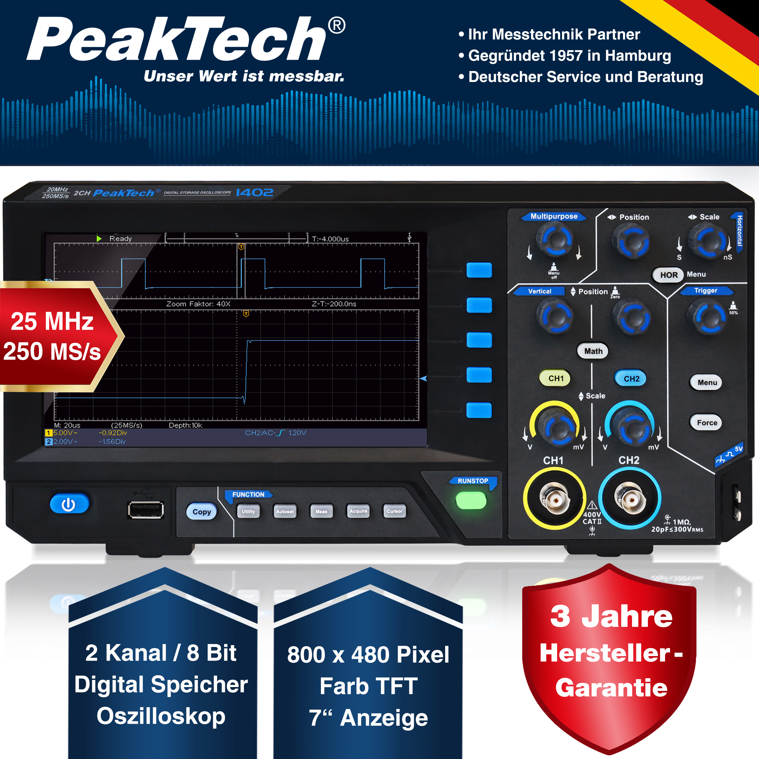 «PeakTech® P 1402» 20 MHz / 2CH, 250MS/s Digital storage oscilloscope