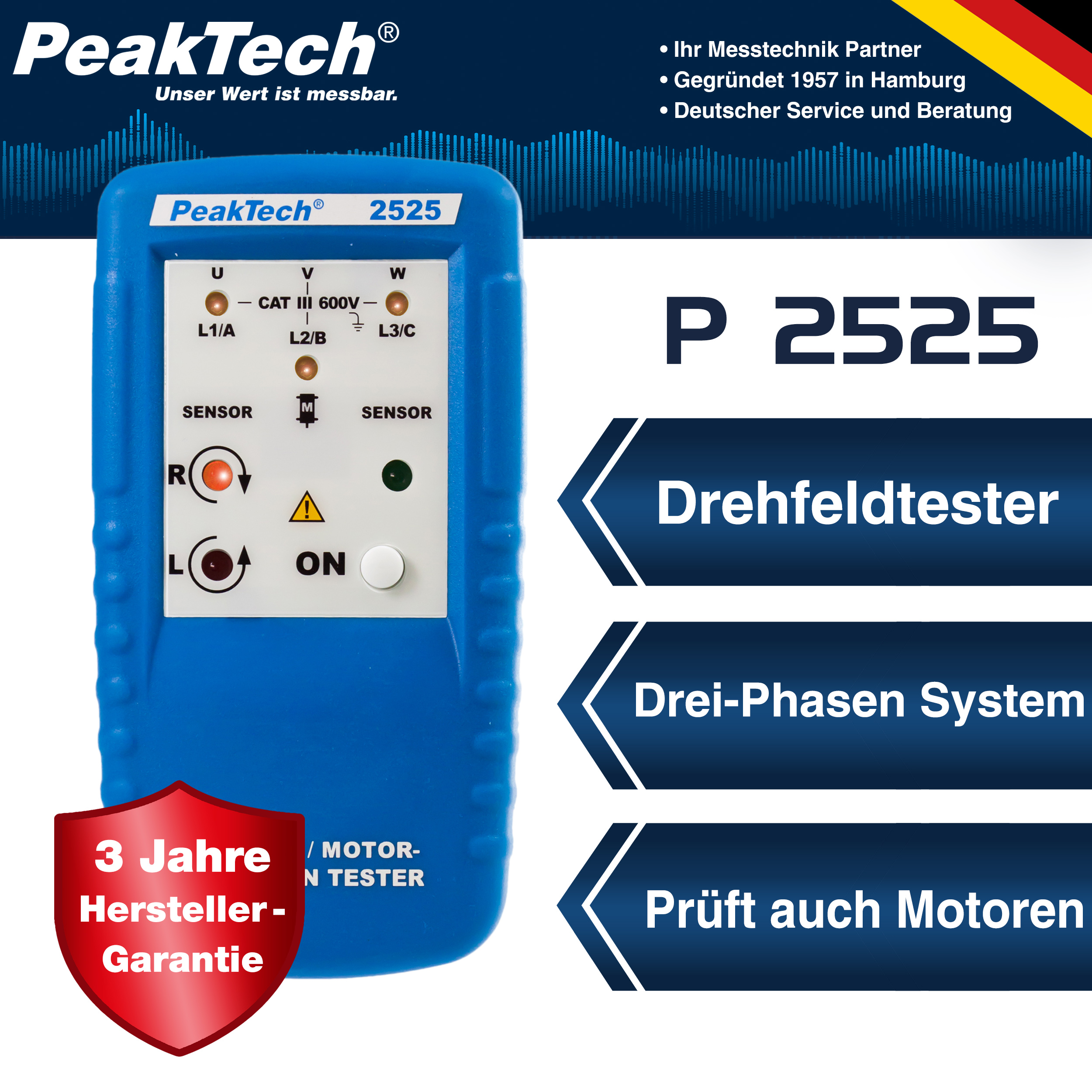 «PeakTech® P 2525» Indicador de dirección motor trifásico display LED