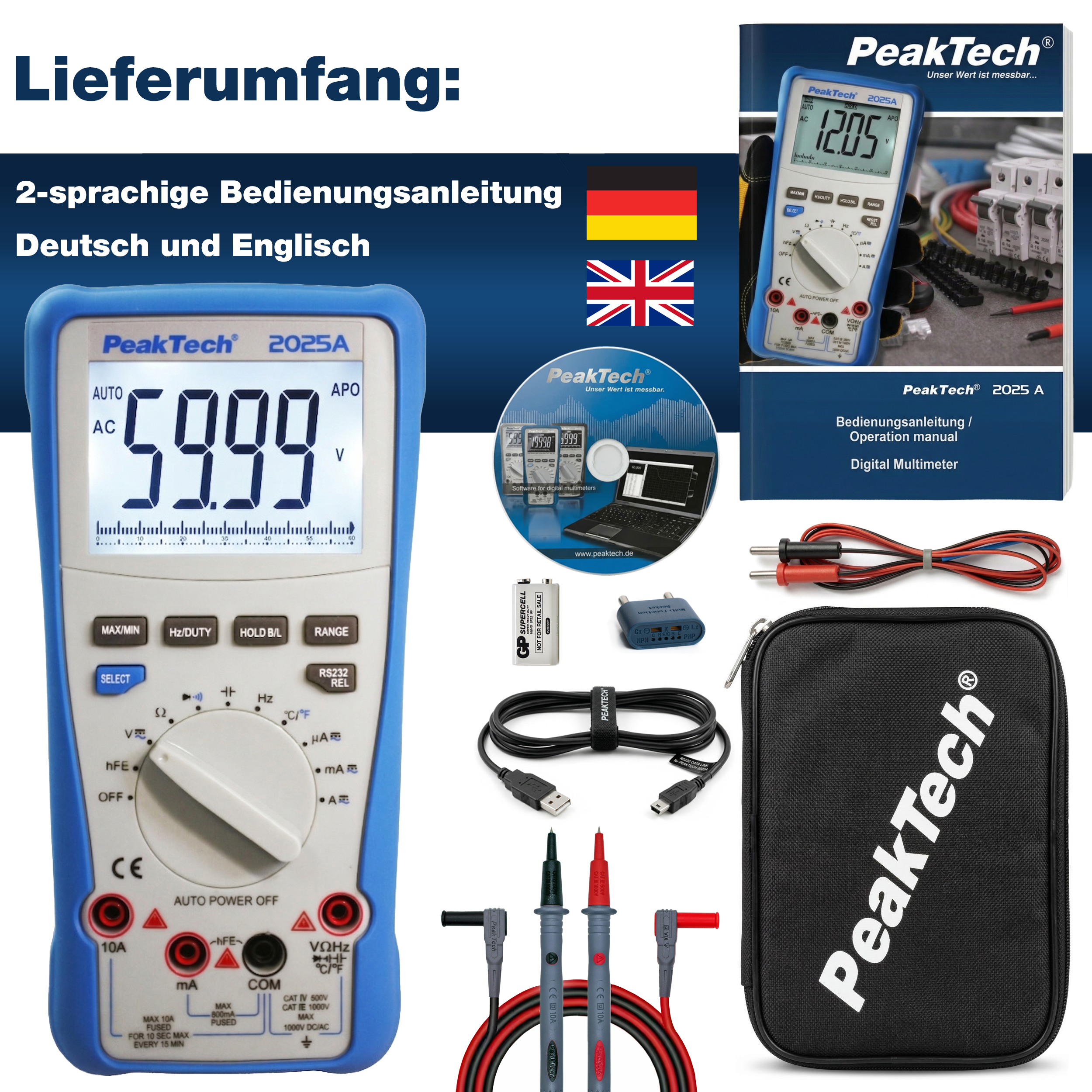 «PeakTech® P 2025 A» True RMS digital multimeter ~ 6.000 Counts ~ 1000V AC/DC ~ 10A AC/DC ~ USB