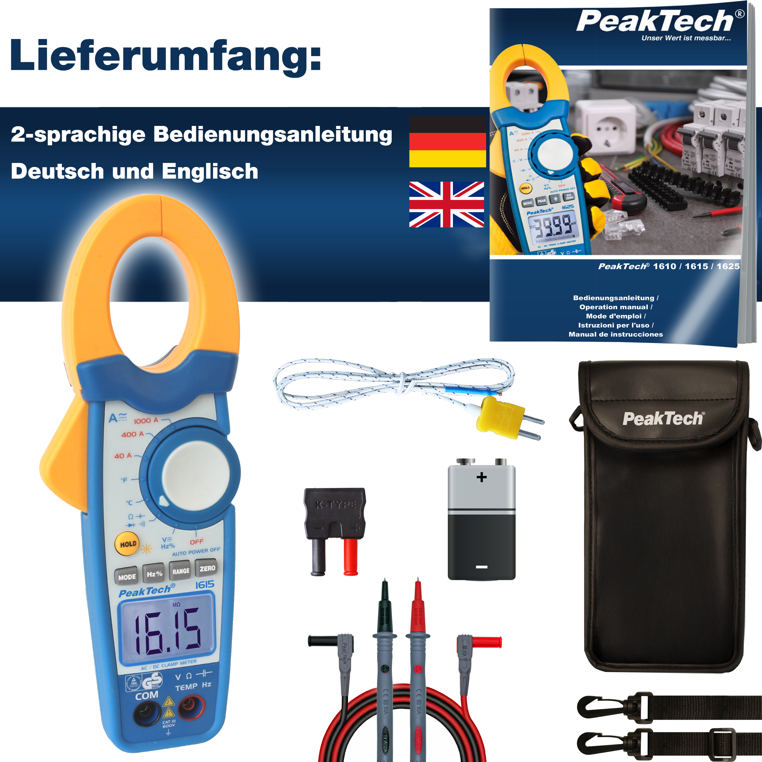 «PeakTech® P 1615» Clamp meter 4,000 counts 1000 A AC/DC