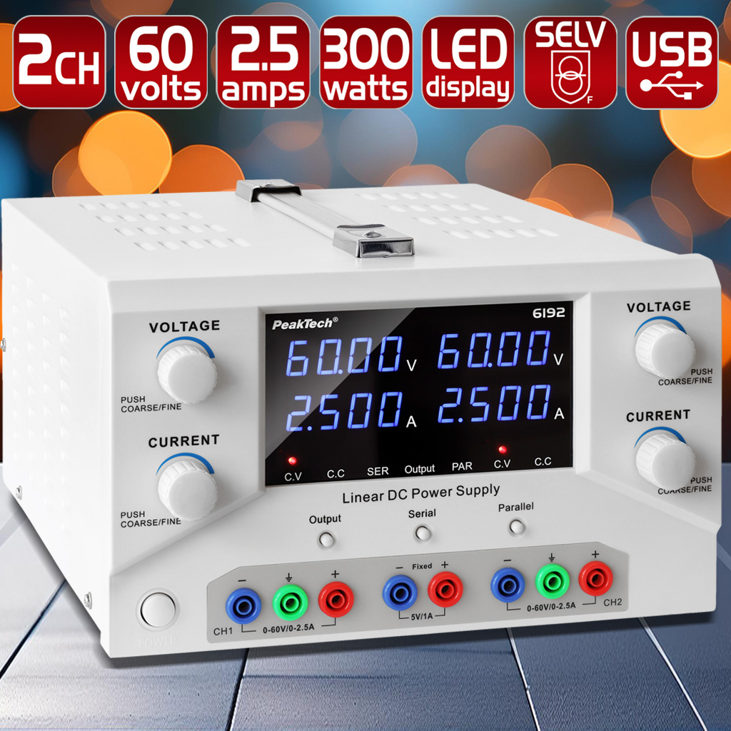 «PeakTech® P 6192» Digital Labornetzgerät 2x 0-60 V / 0-2,5 A DC & USB