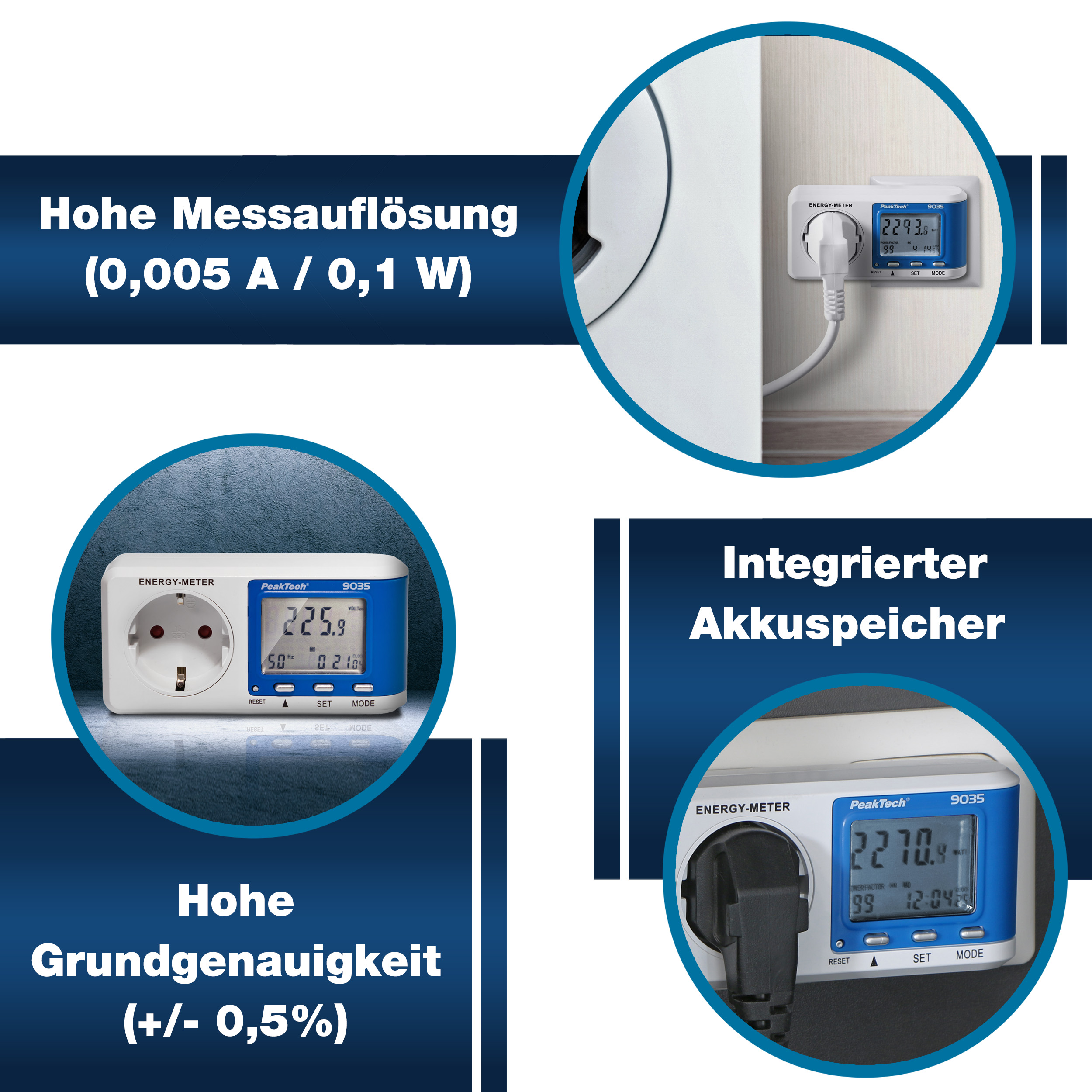 «PeakTech® P 9035» Energiekostenmessgerät mit 0,1 W Auflösung und Anzeigepuffer