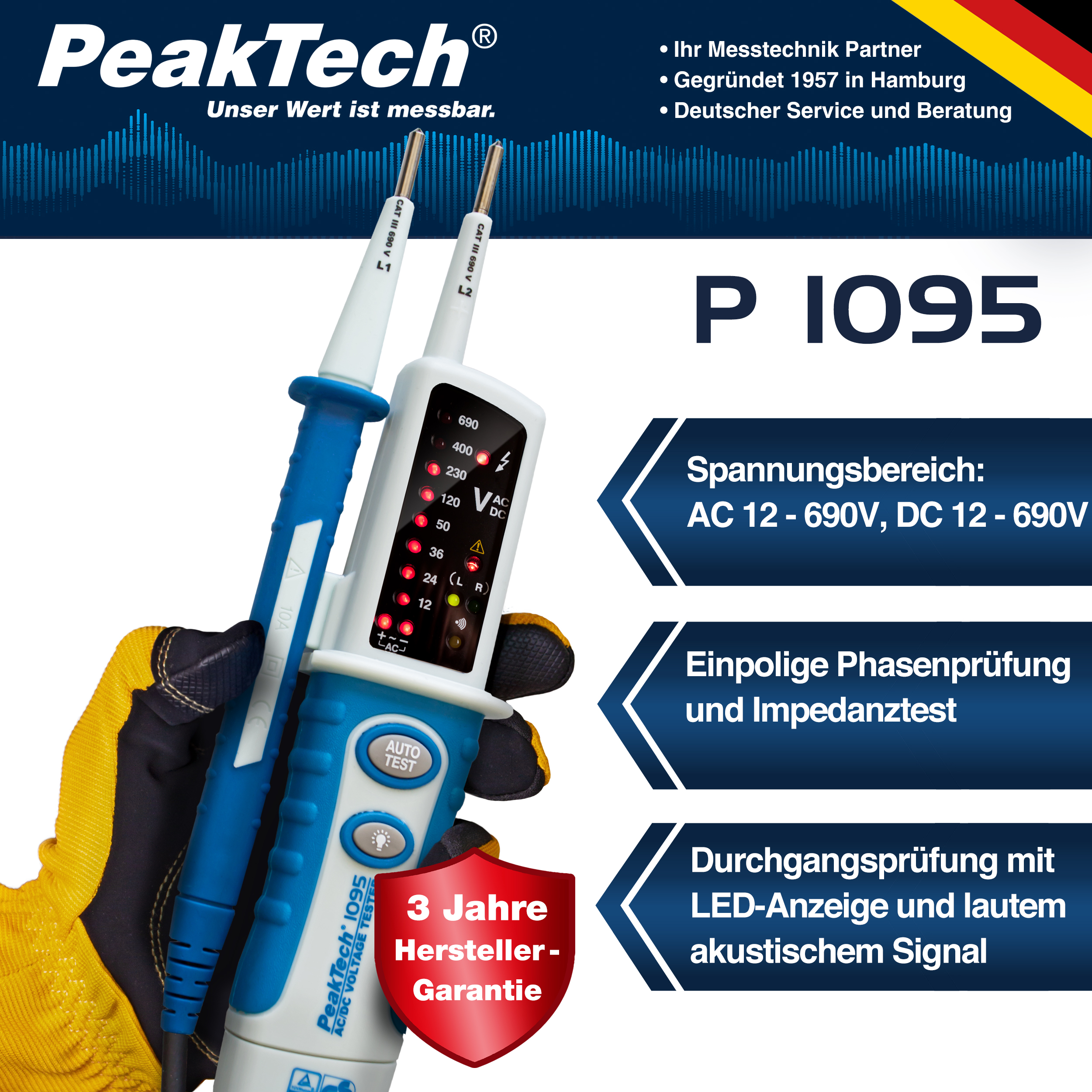 «PeakTech® P 1095» Tester di tensione AC/DC con display a LED