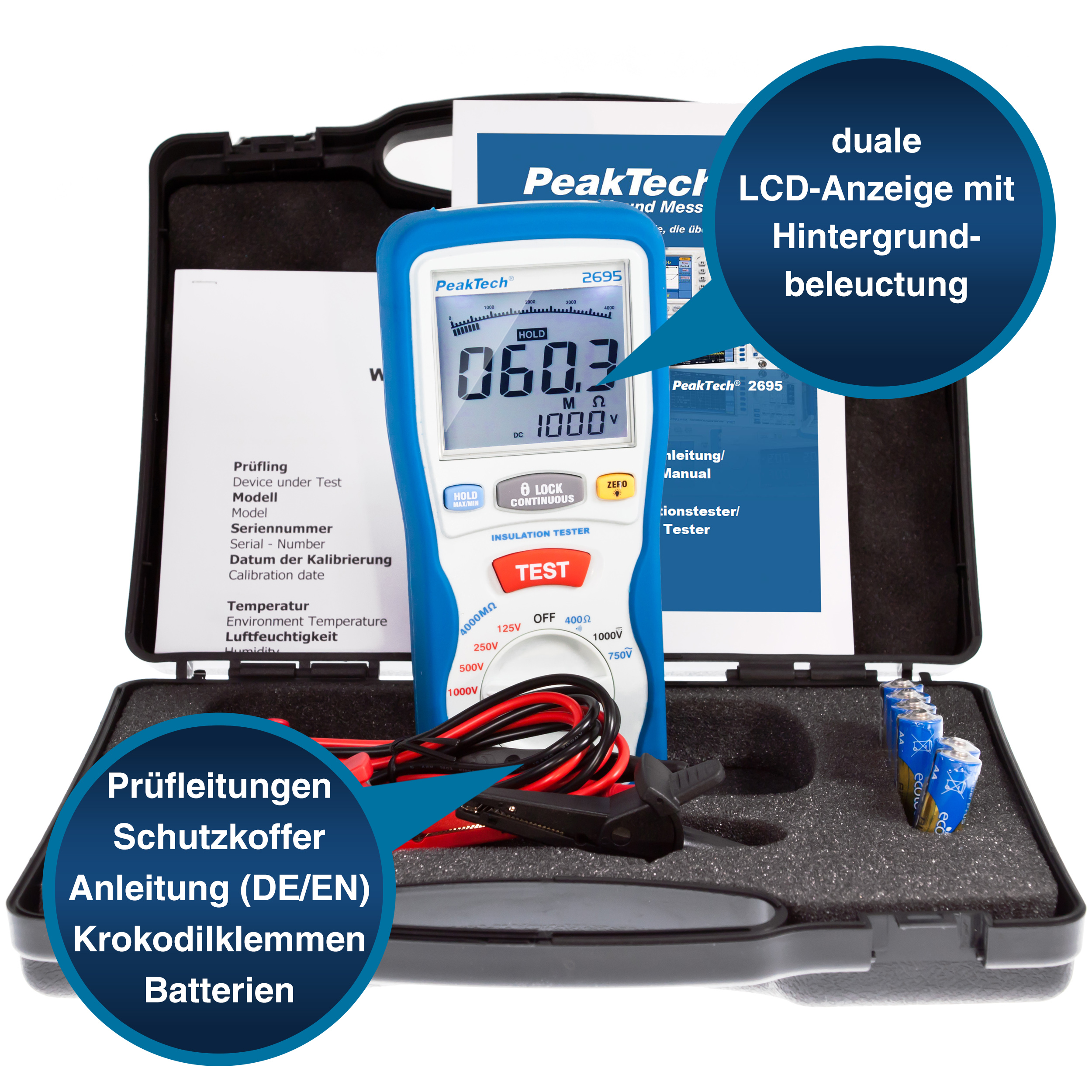 «PeakTech® P 2695» Medidor de Aislamiento 125/250/500/1000 V /4000 MΩ