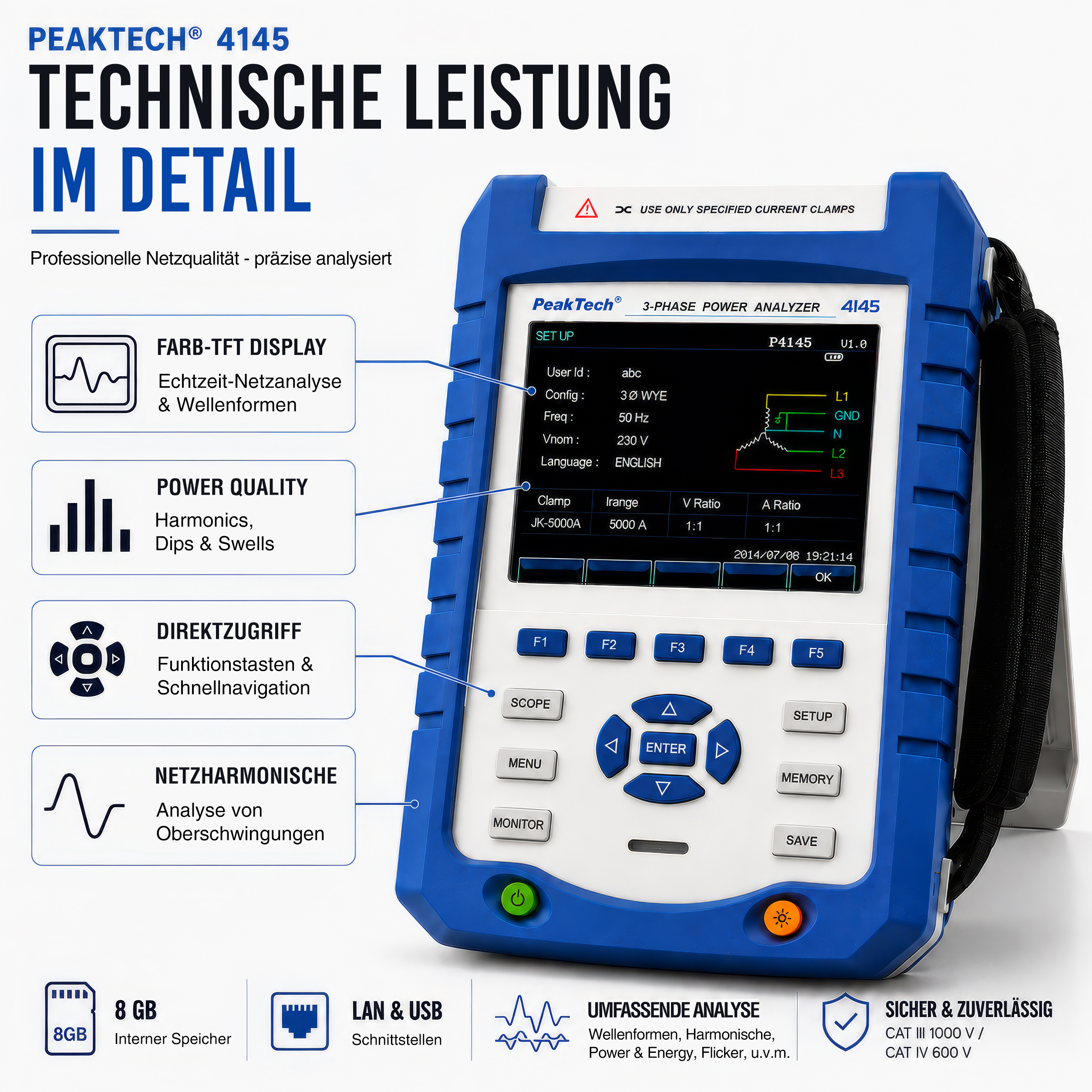 «PeakTech® P 4145» 3 - Phasen Analysator mit Datenlogger