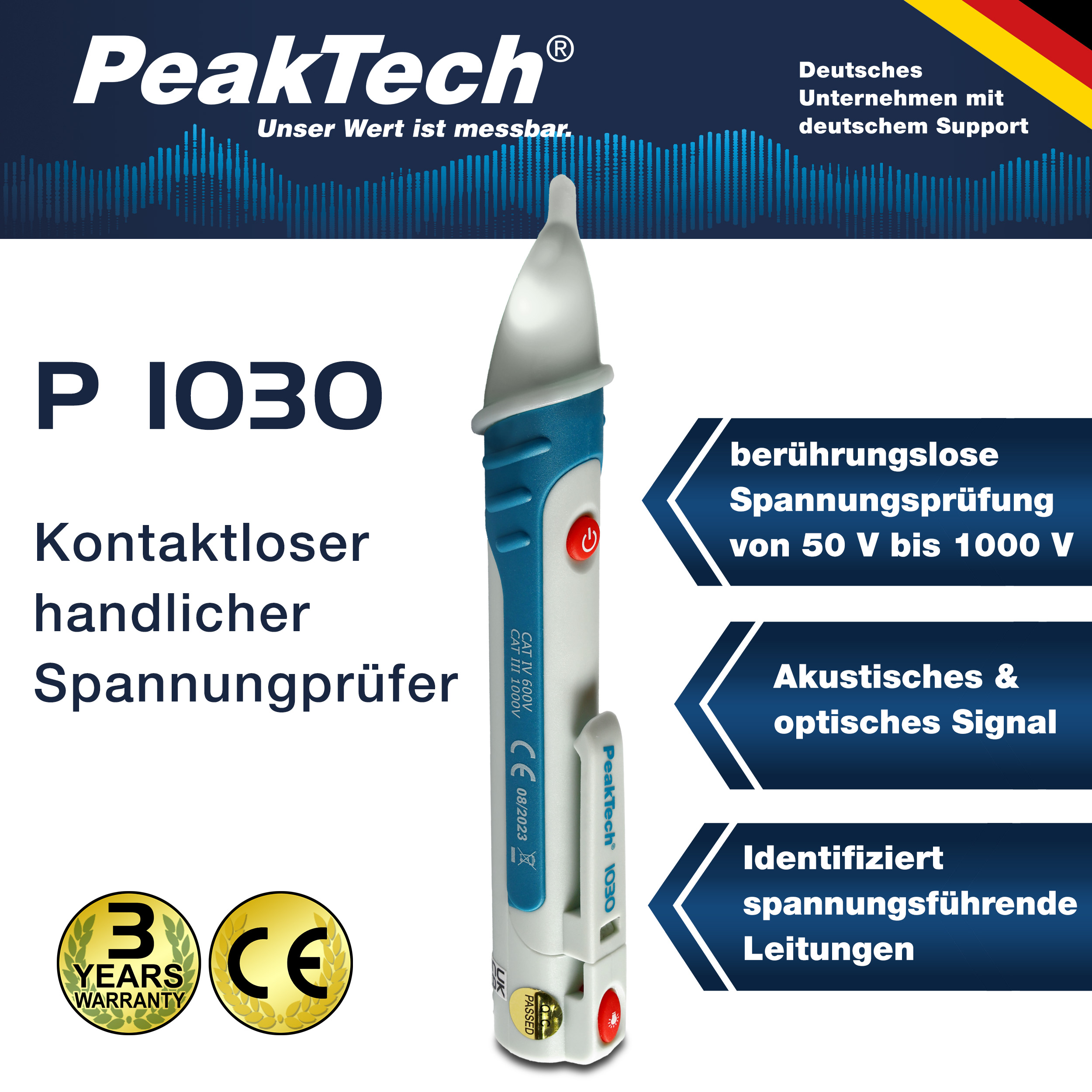 «PeakTech® P 1030» Detektor napięcia AC 50 - 1000 V AC, bezdotykowy