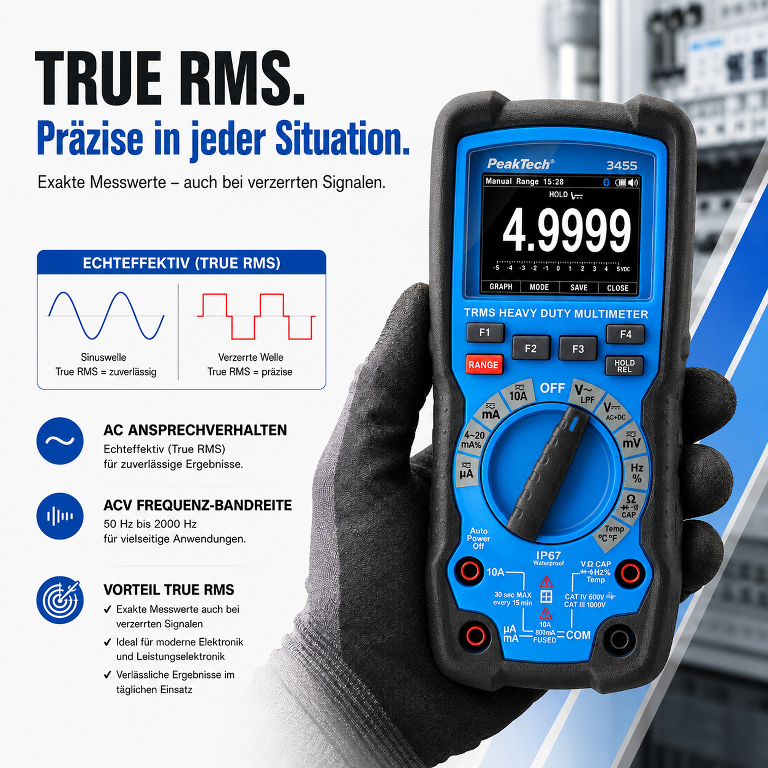 «PeakTech® P 3455»  Multimètre graphique haute performance ~ 50 000 points TFT ~ 1 000 V AC/DC avec True RMS, IP67, Bluetooth