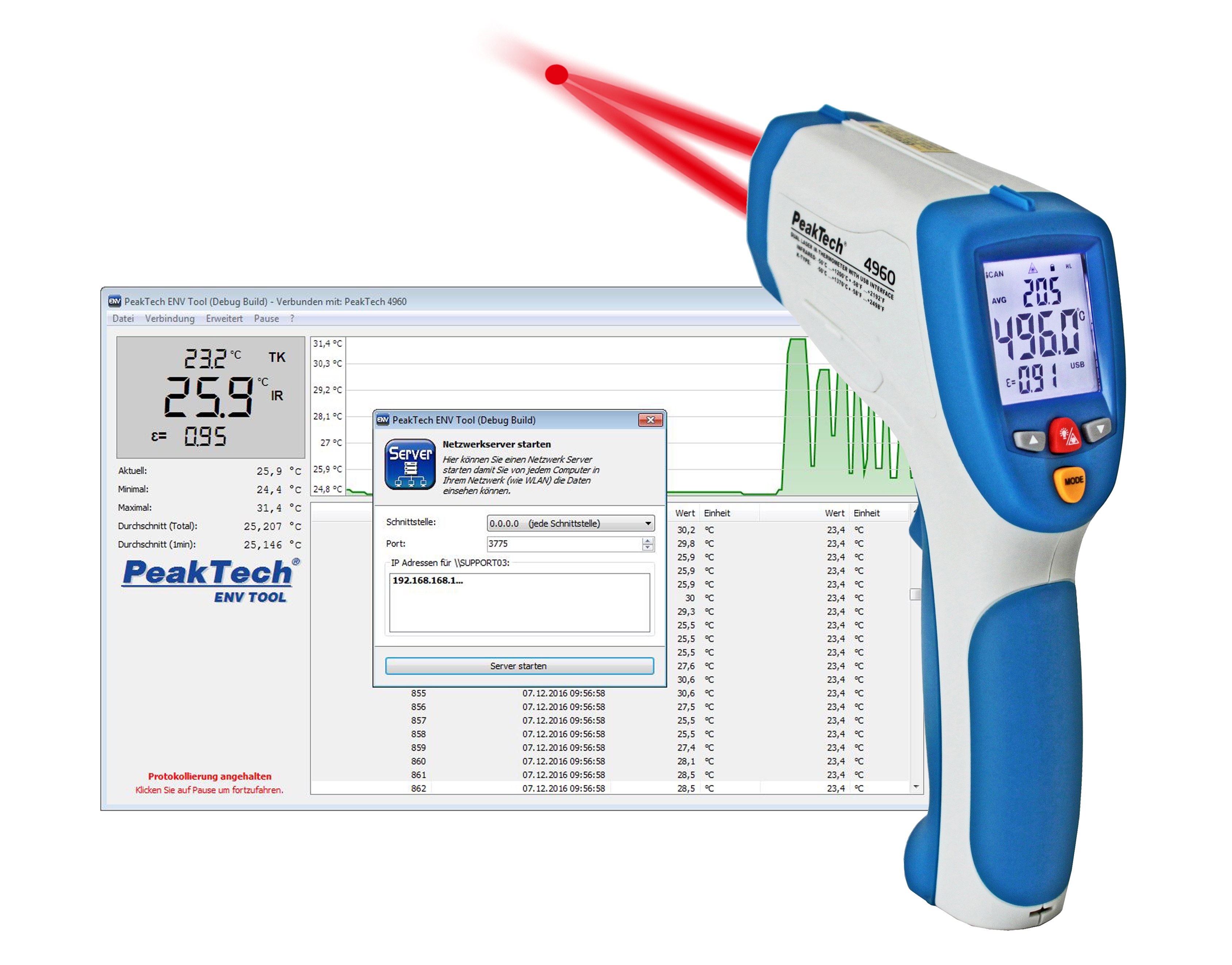«PeakTech® P 4960» Termometr IR; -50 ... +1200°C; interfejs USB