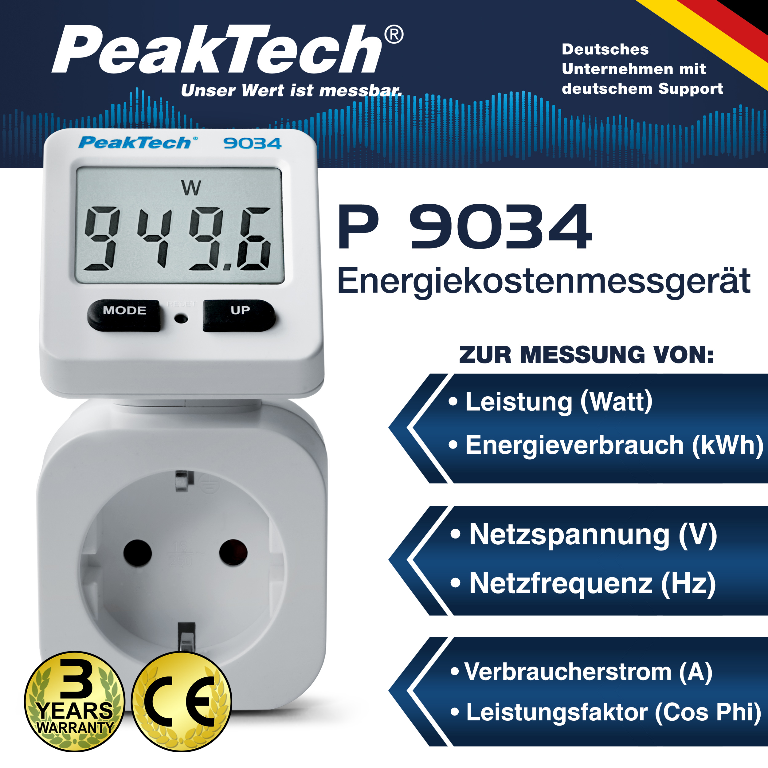«PeakTech® P 9034» Energy meter 0.1 W with rotating display