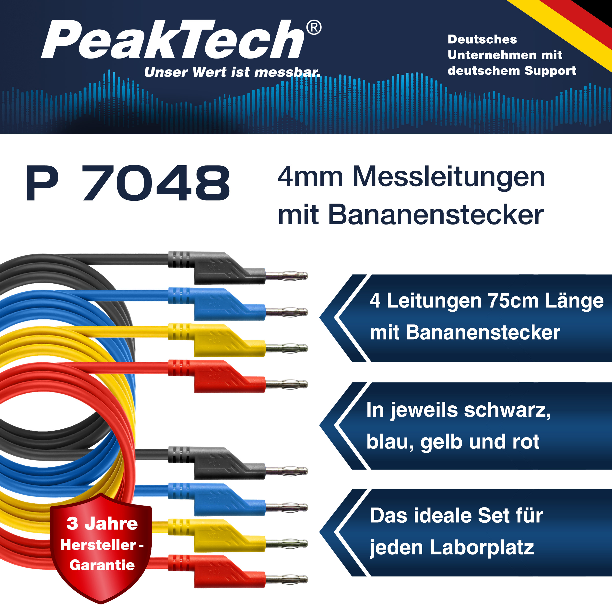 «PeakTech® P 7048» Jeu de 4 cordons de test (75 cm) pour alimentations de laboratoire