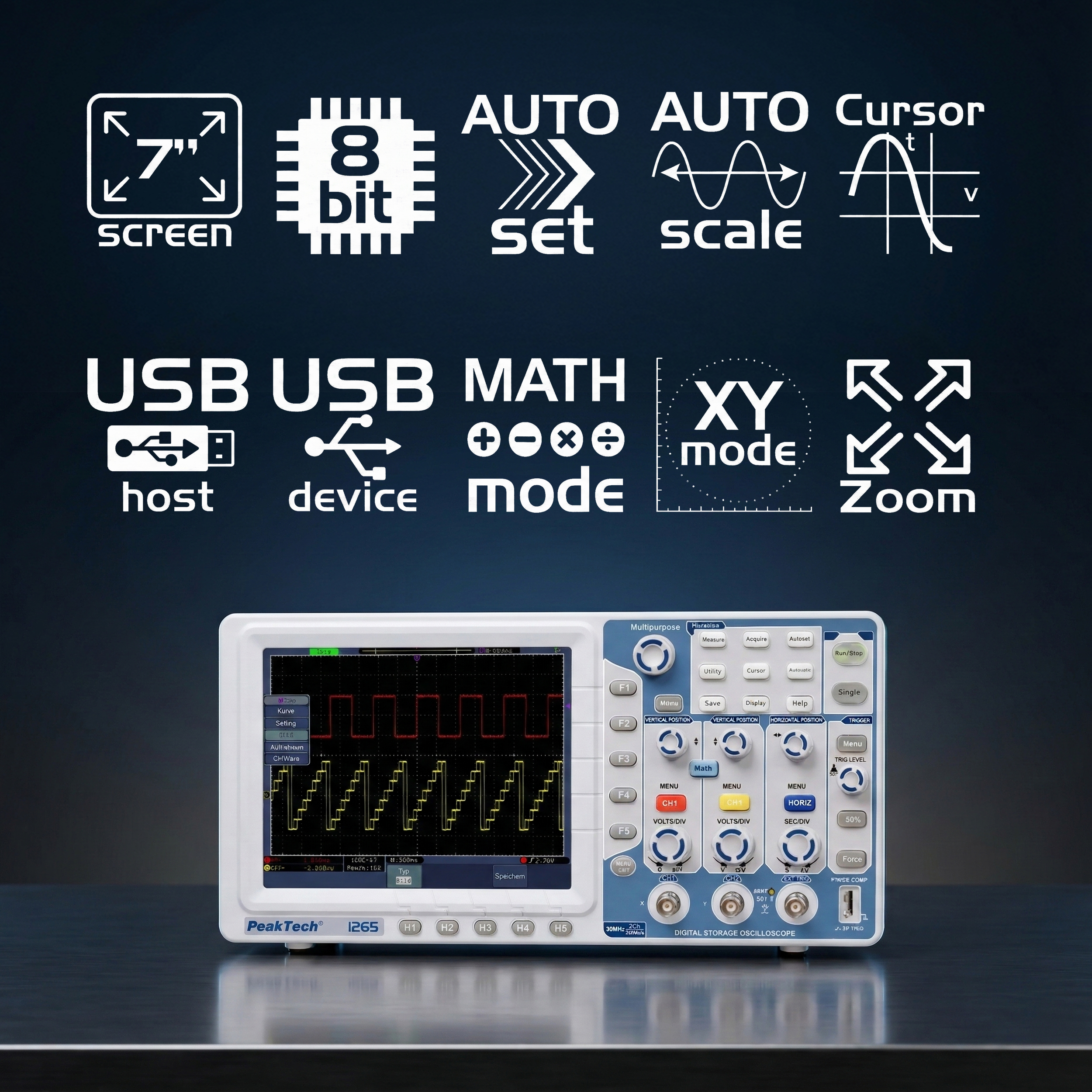 «PeakTech® P 1265» 30 MHz / 2 CH, 250 MS/s Digitalspeicheroszilloskop