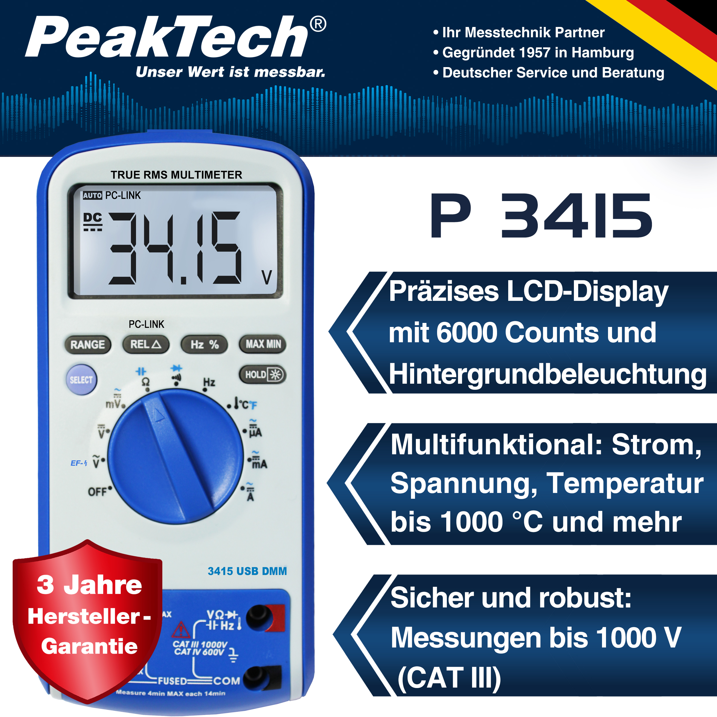 «PeakTech® P 3415» Digital multimeter, 6,000 counts, TrueRMS & USB