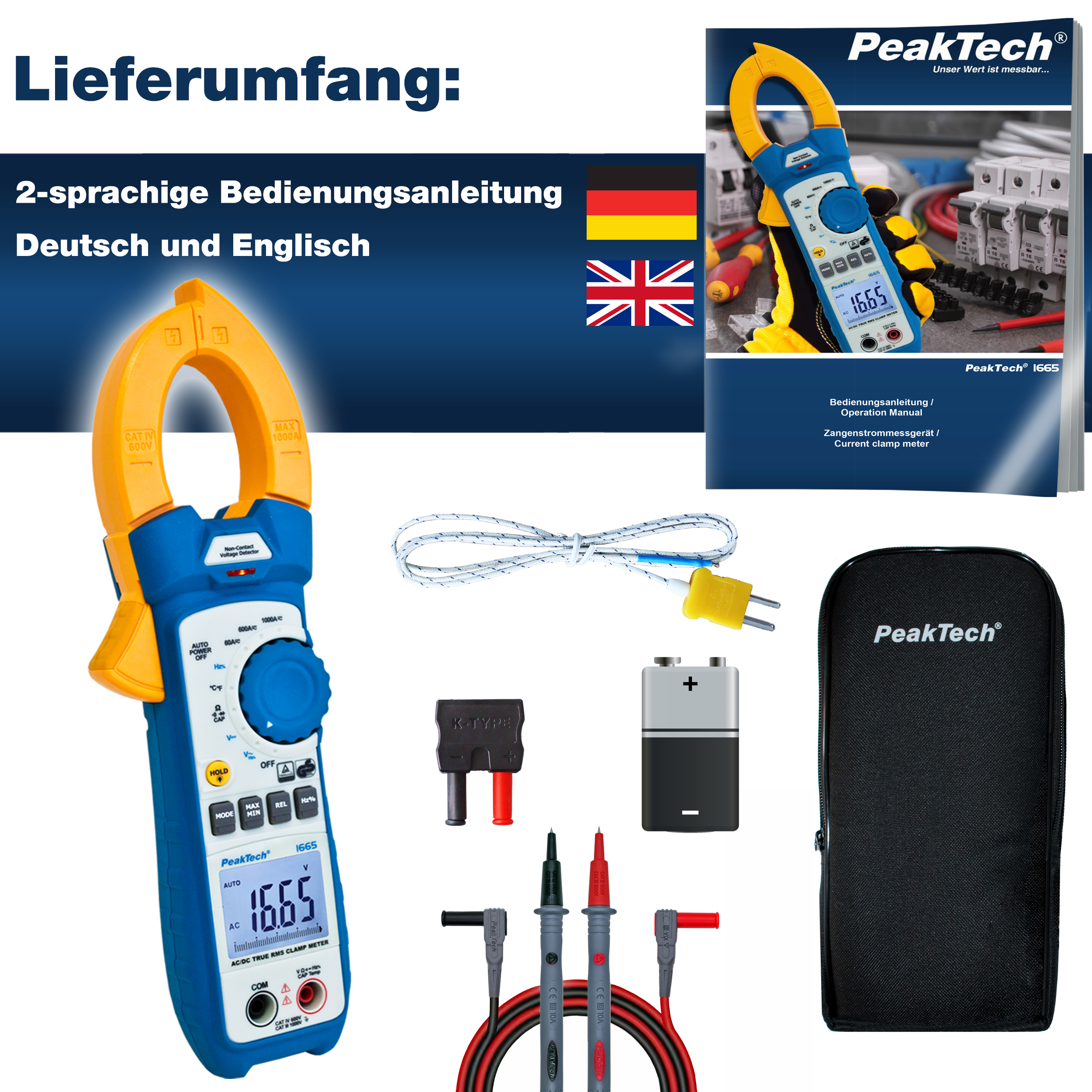 «PeakTech® P 1665» TrueRMS current clamp 6,000 counts 1000 A AC/DC
