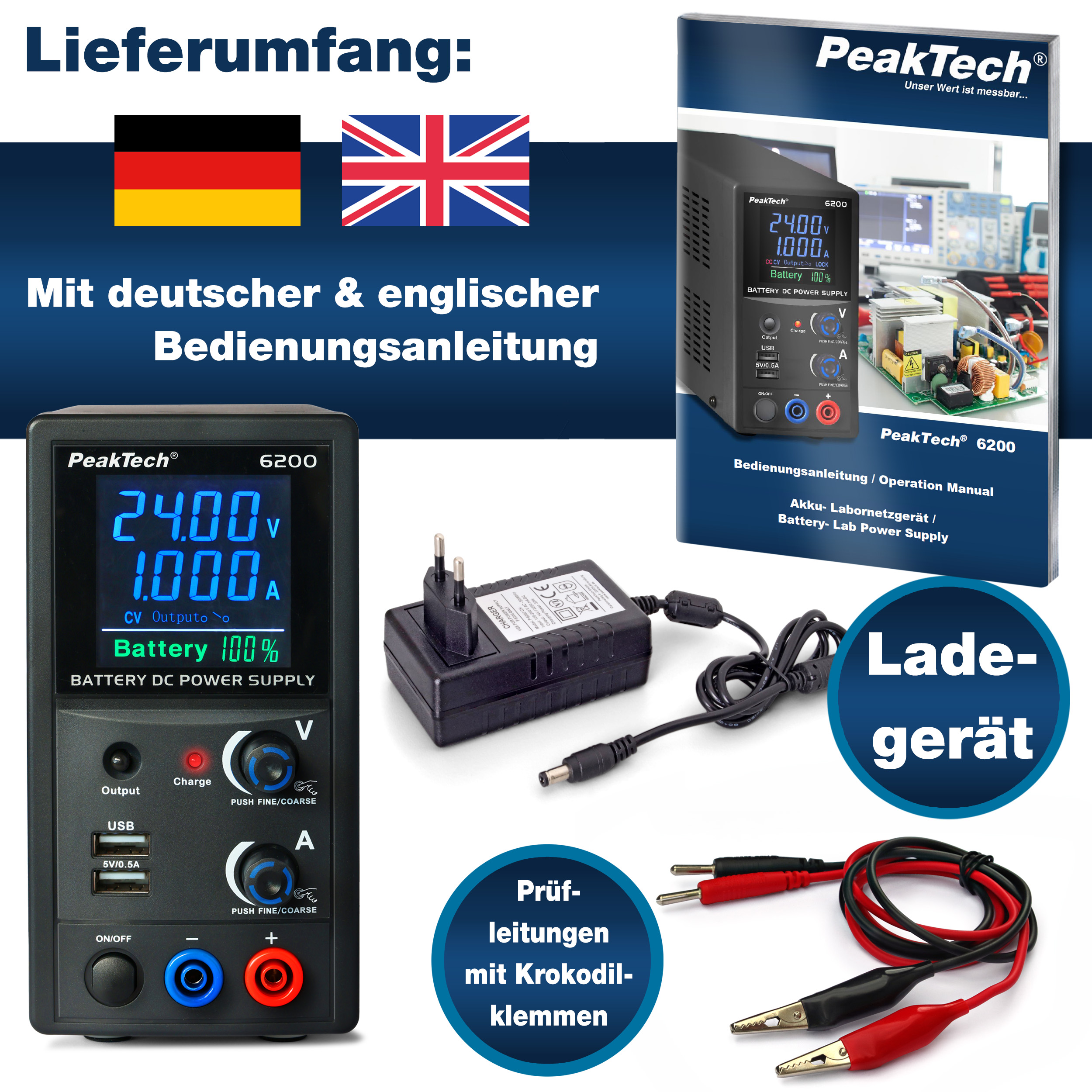 «PeakTech® P 6200» Fuente de alimentación a batería 0...24 V / 0...1 A DC
