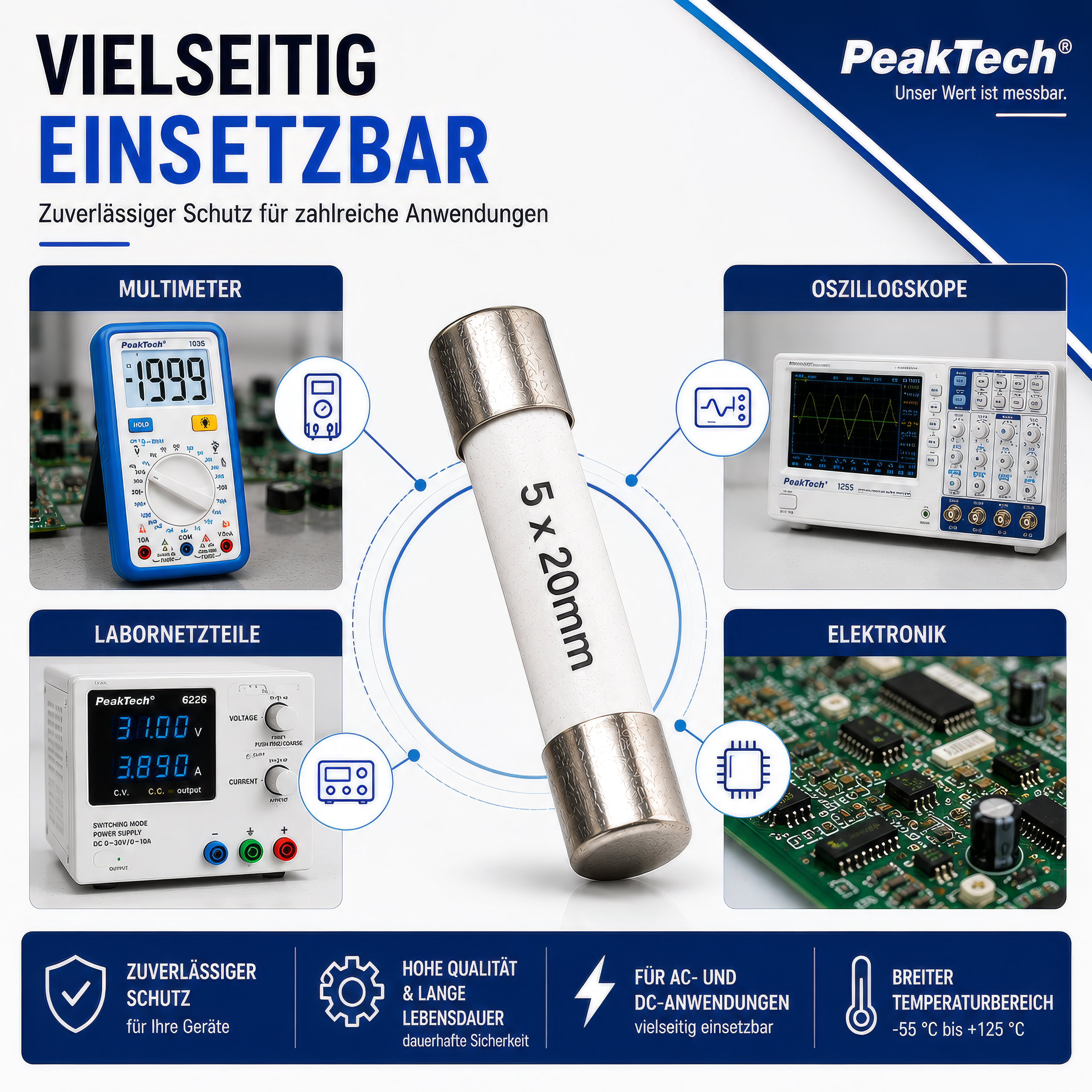 "PeakTech® P 7721" Microfusibile ~ 0,5 A / 600 V ~ 5 x 20 mm ~ veloce (F)