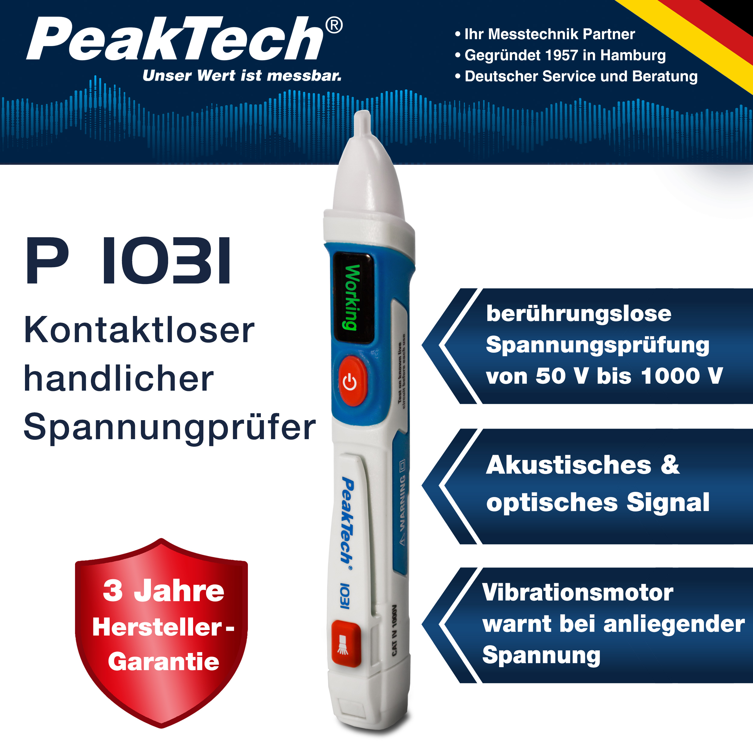 «PeakTech® P 1031» Tester napięcia AC 50 - 1000 V AC z wibracjami