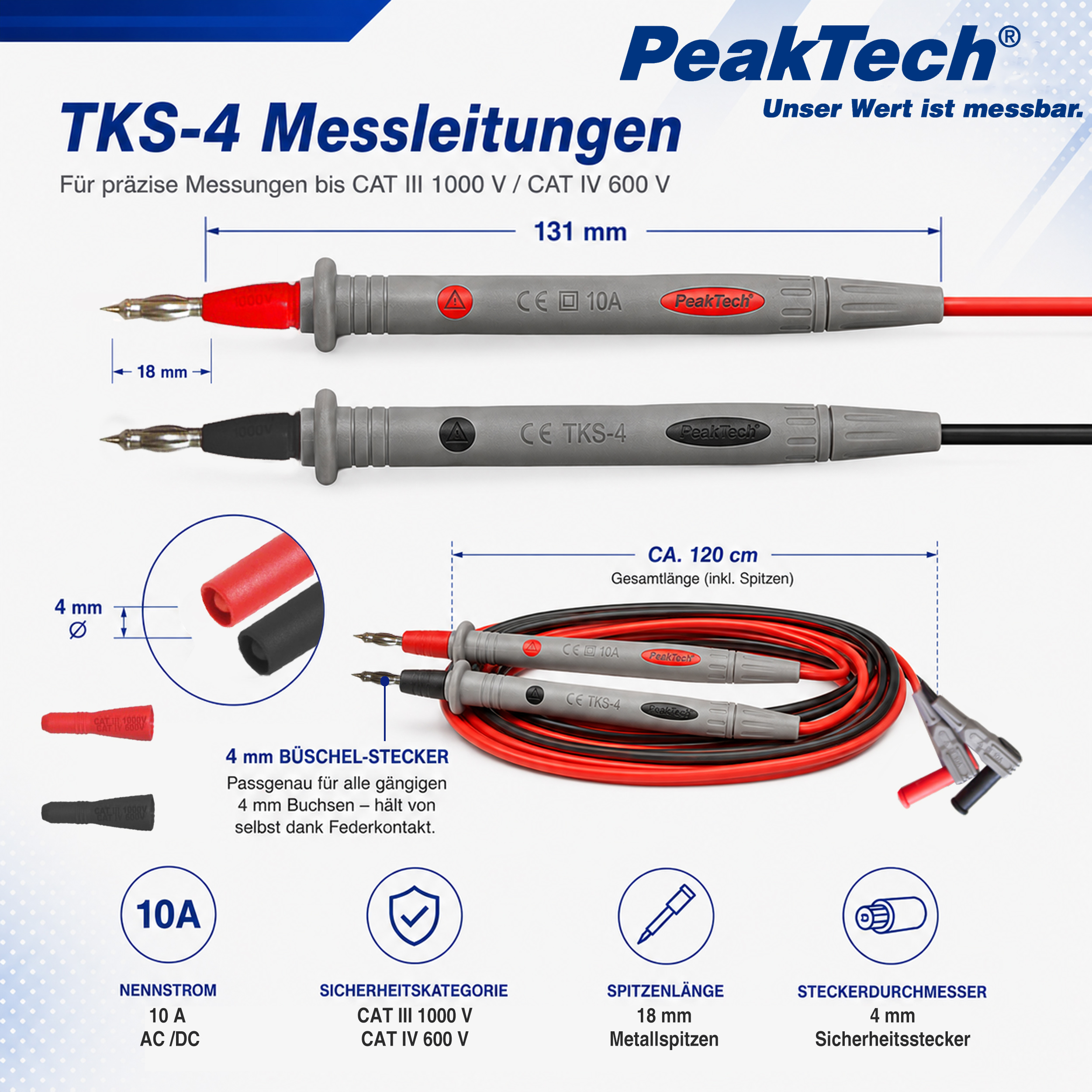 «PeakTech® TKS-4» Conduttori di test con punta della sonda da 4 mm