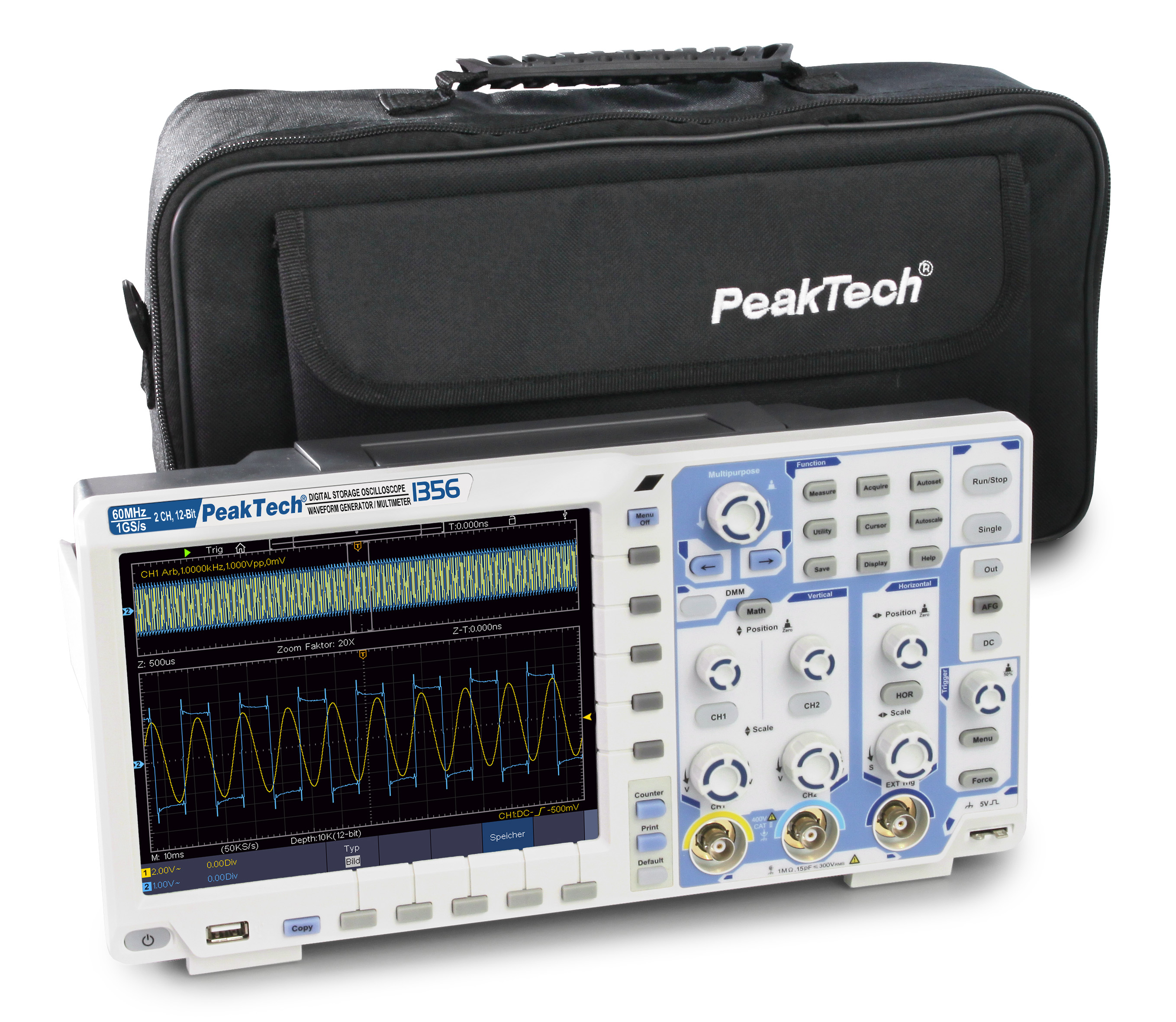 «PeakTech® P 1356» 60 MHz / 2 CH, 1 GS/s Touchscreen-Oszilloskop