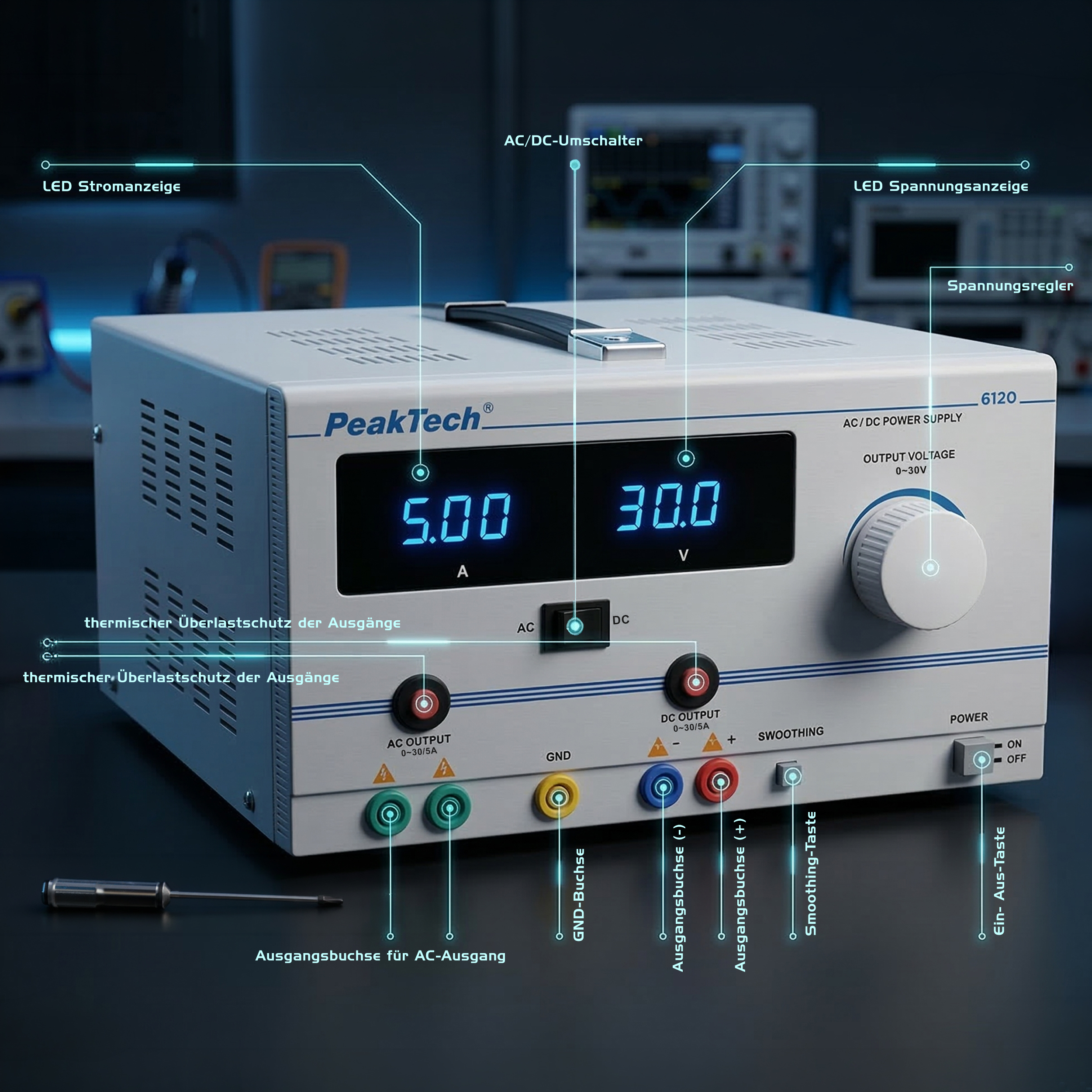 «PeakTech® P 6120» AC/DC Labornetzgerät 0 - 30 V/5 A