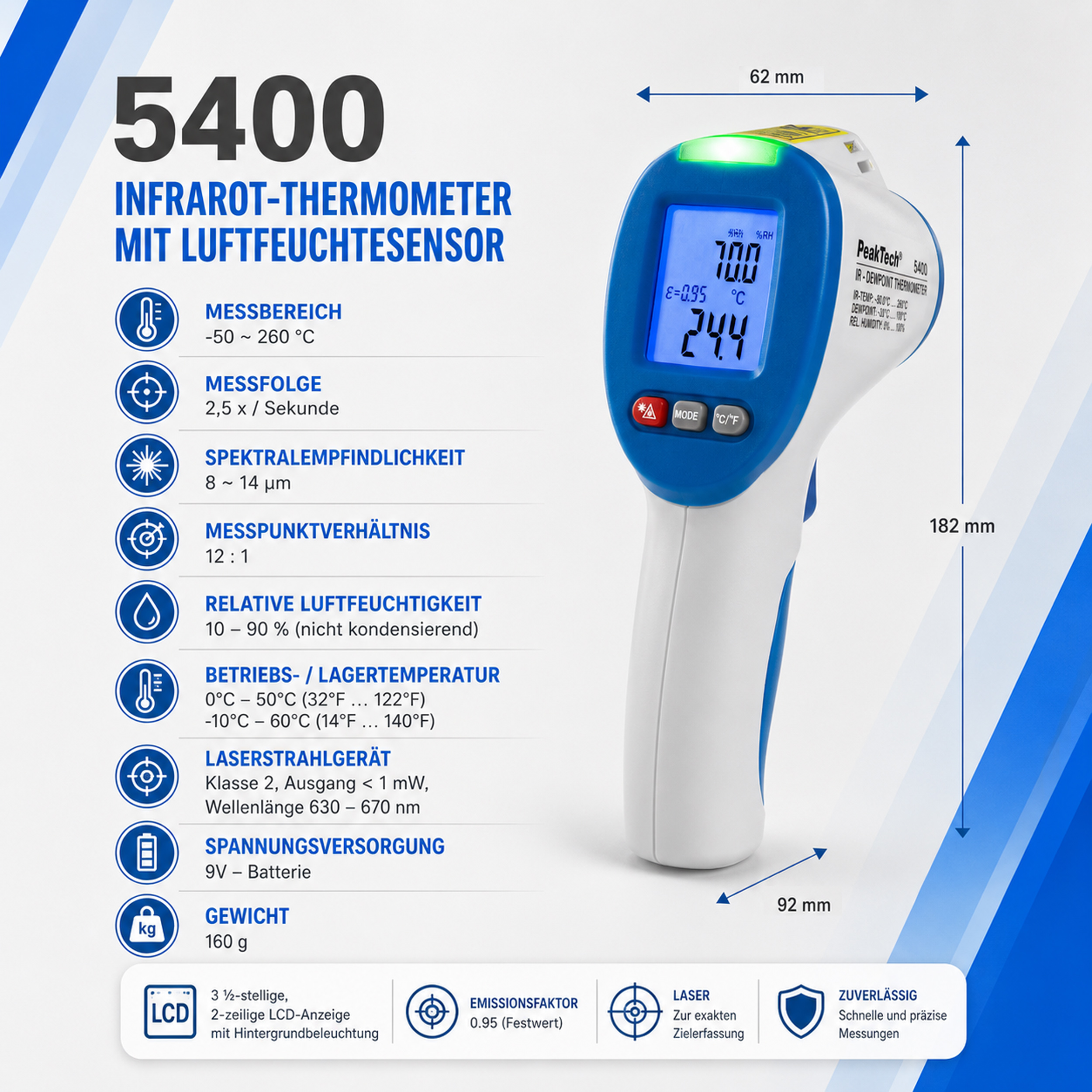 «PeakTech® P 5400» Thermometer - Taupunkt Messgerät -50...+260°C