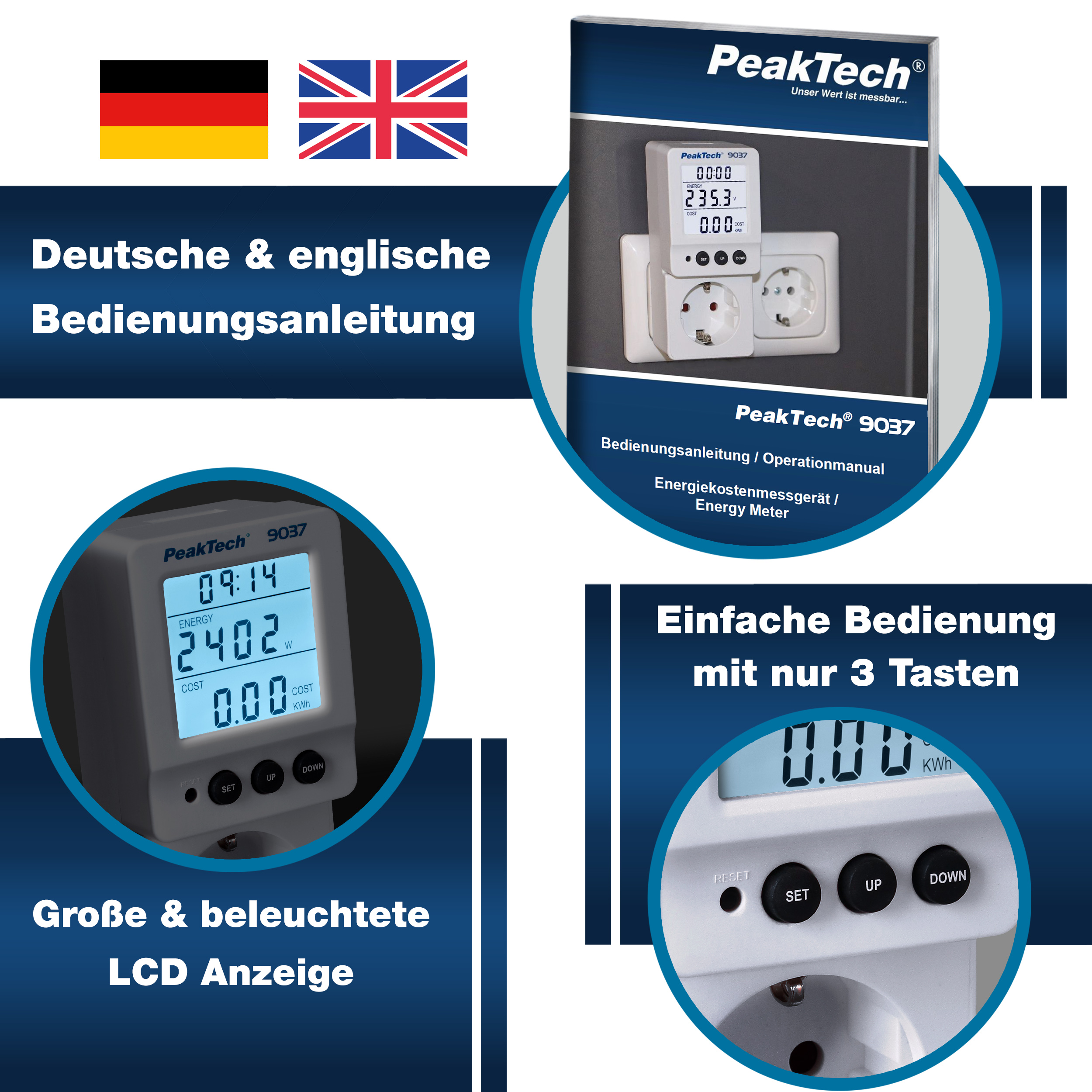 «PeakTech® P 9037» Energy meter 0.1 W with pivotable display