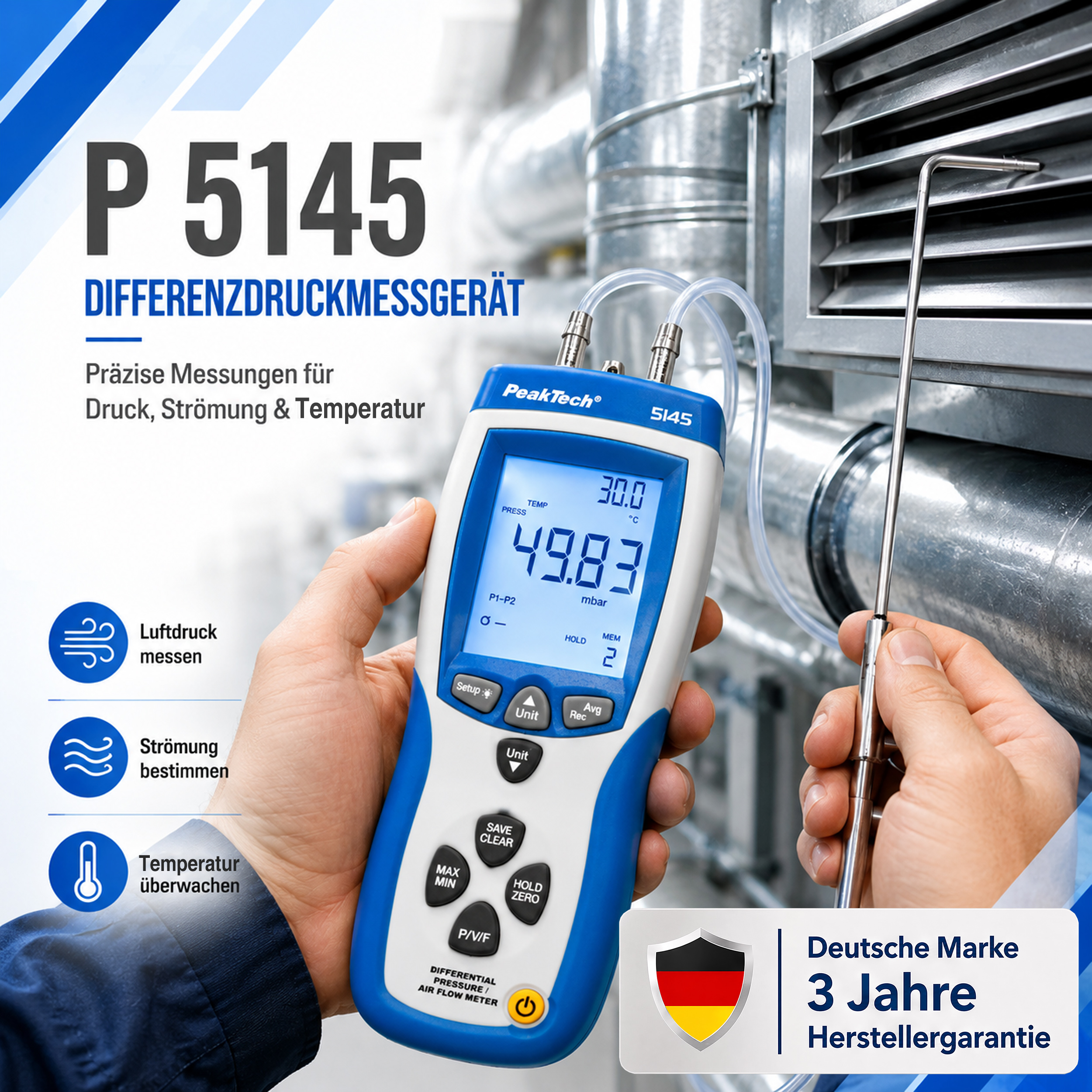«PeakTech® P 5145» Professional Pressure-Difference & Air Flow Meter