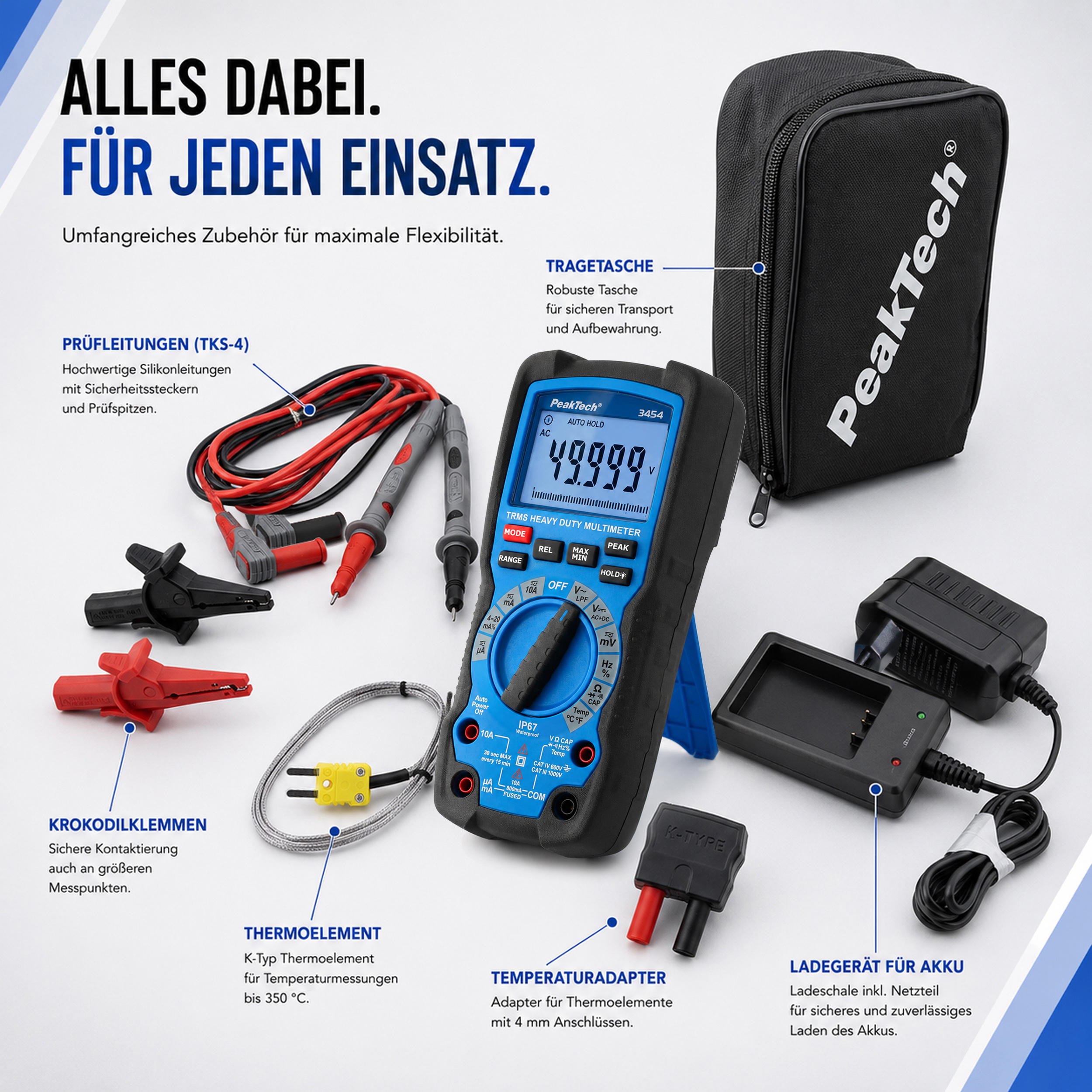 «PeakTech® P 3454» Multimètre robuste  ~ 50 000 points, écran LCD ~ 1 000 V CA/CC avec TrueRMS, IP67