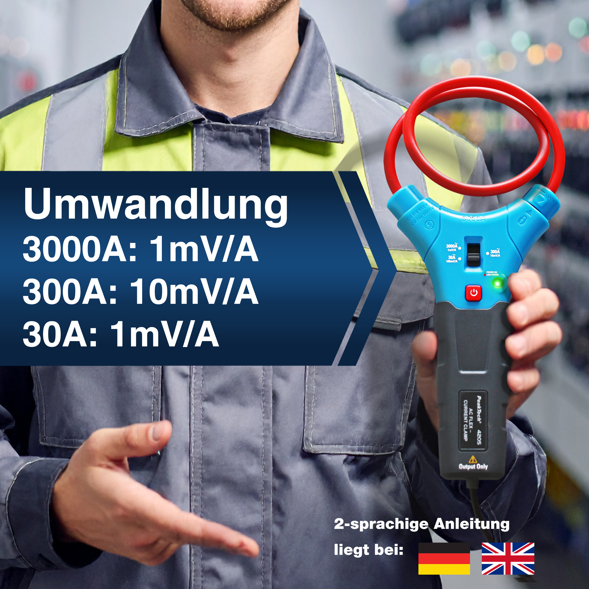 «PeakTech® P 4205» Flexible current clamp 3000 A AC with 4 mm plug
