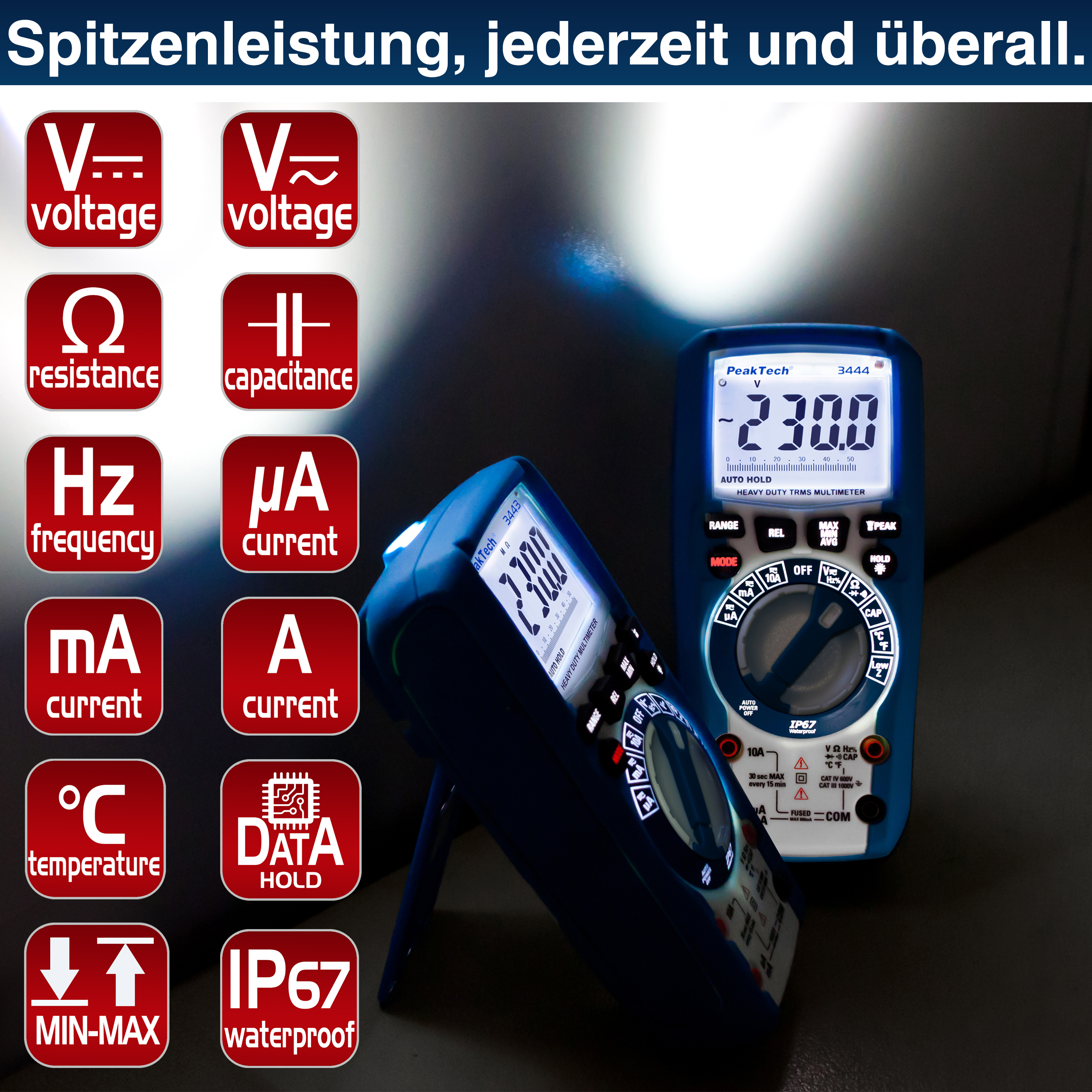 «PeakTech® P 3443» Multimetr cyfrowy 6 000 zliczeń, IP67