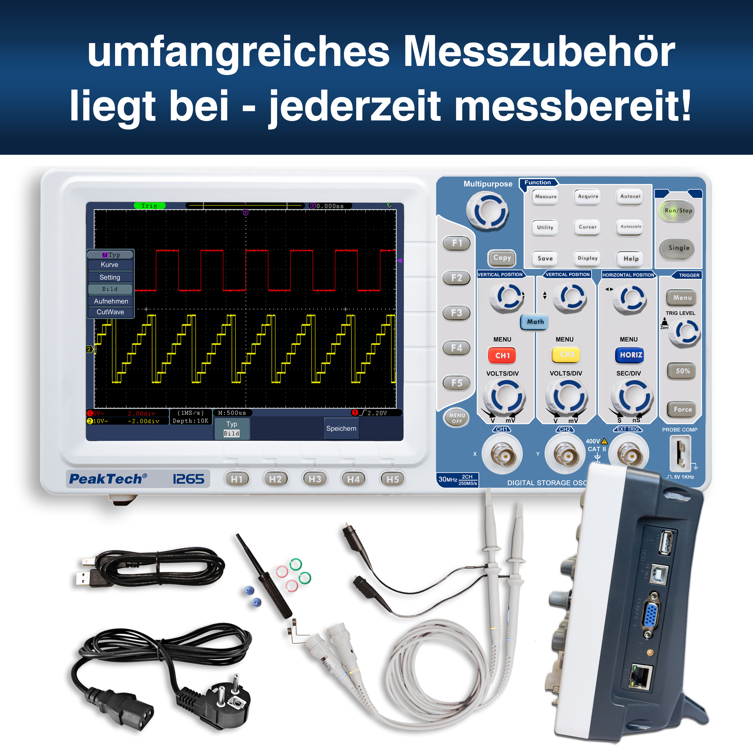 «PeakTech® P 1265» 30 MHz / 2 CH, 250 MS/s Digitalspeicheroszilloskop