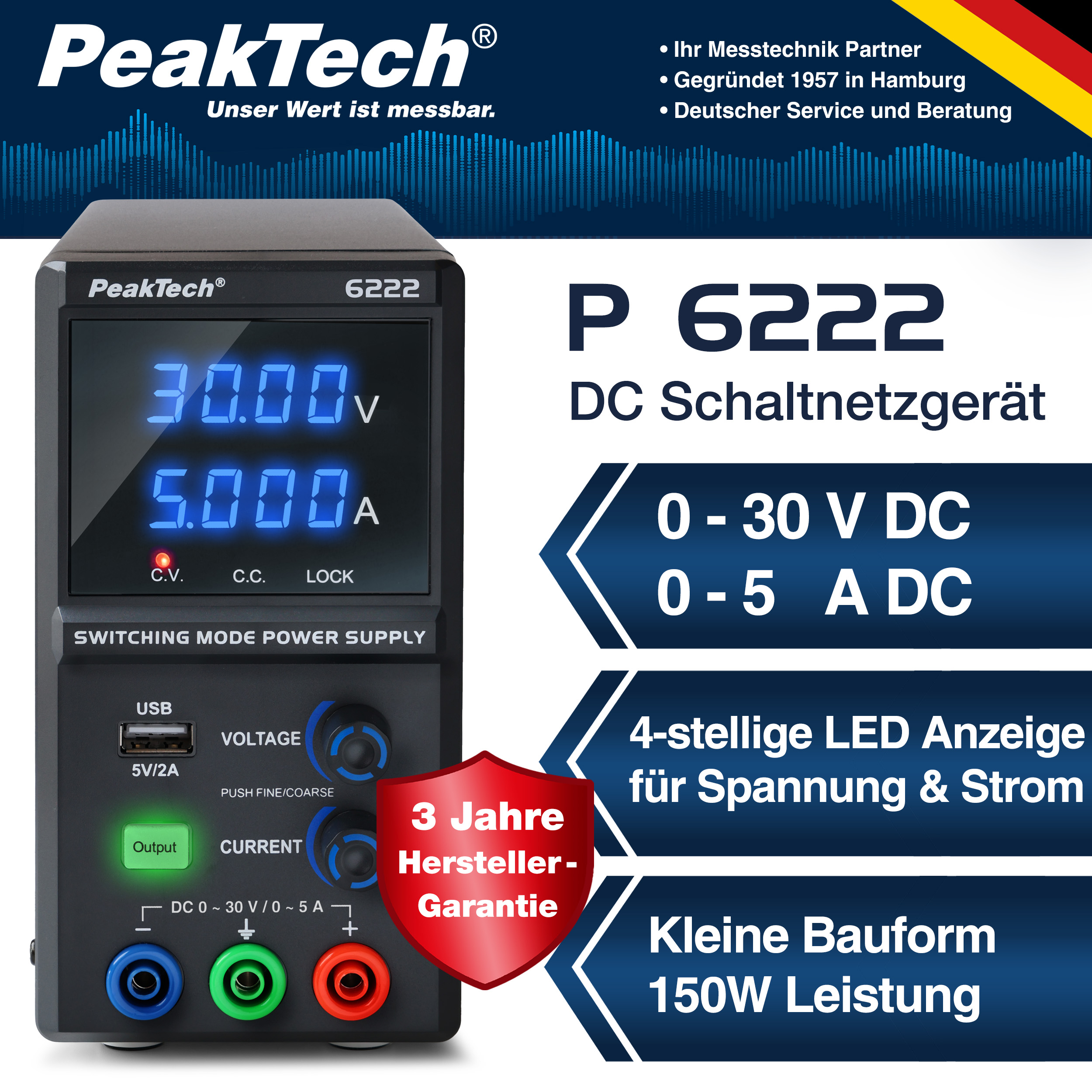 «PeakTech® P 6222» DC Labor-Schaltnetzteil, 0 - 30 V / 0 - 5 A