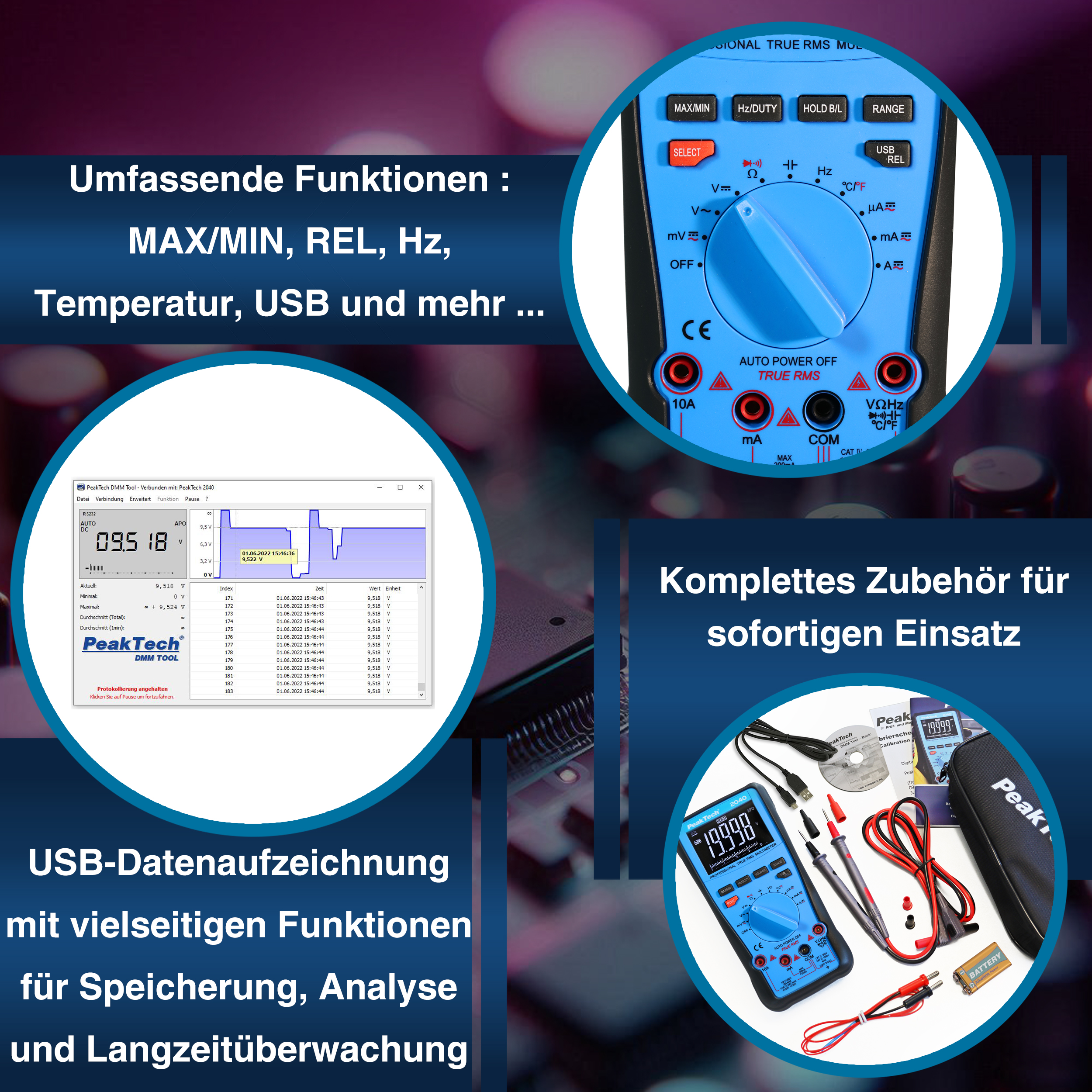 «PeakTech® P 2040» Multimètre TrueRMS 1000V, 20000 compteurs, USB