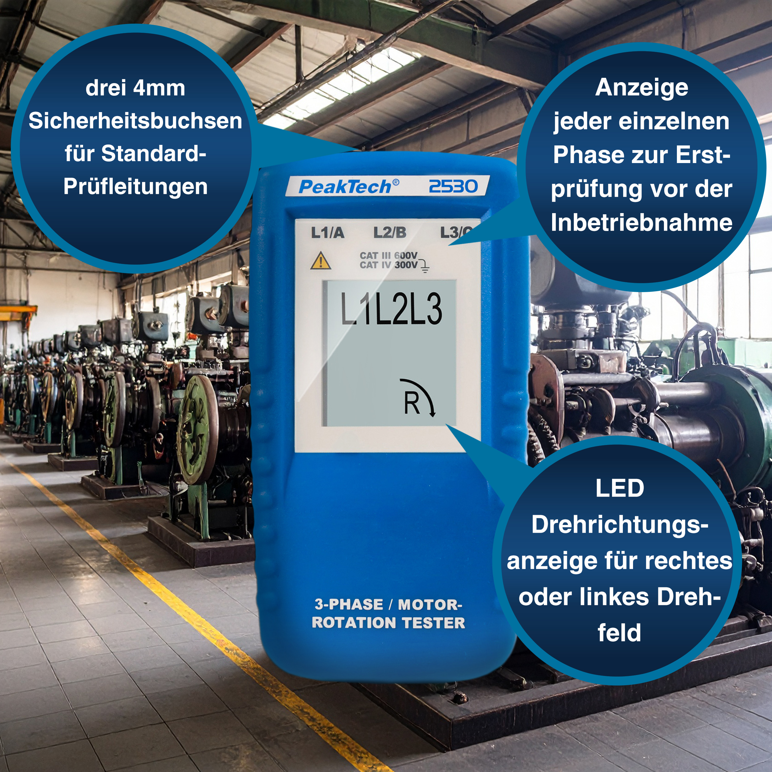«PeakTech® P 2530» 3-phase direction indicator with LCD display