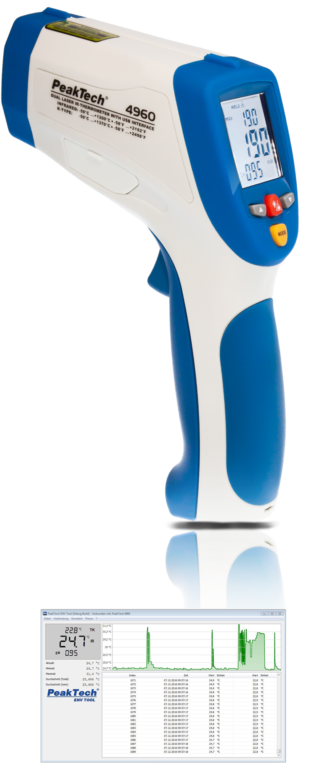«PeakTech® P 4960» Termometr IR; -50 ... +1200°C; interfejs USB